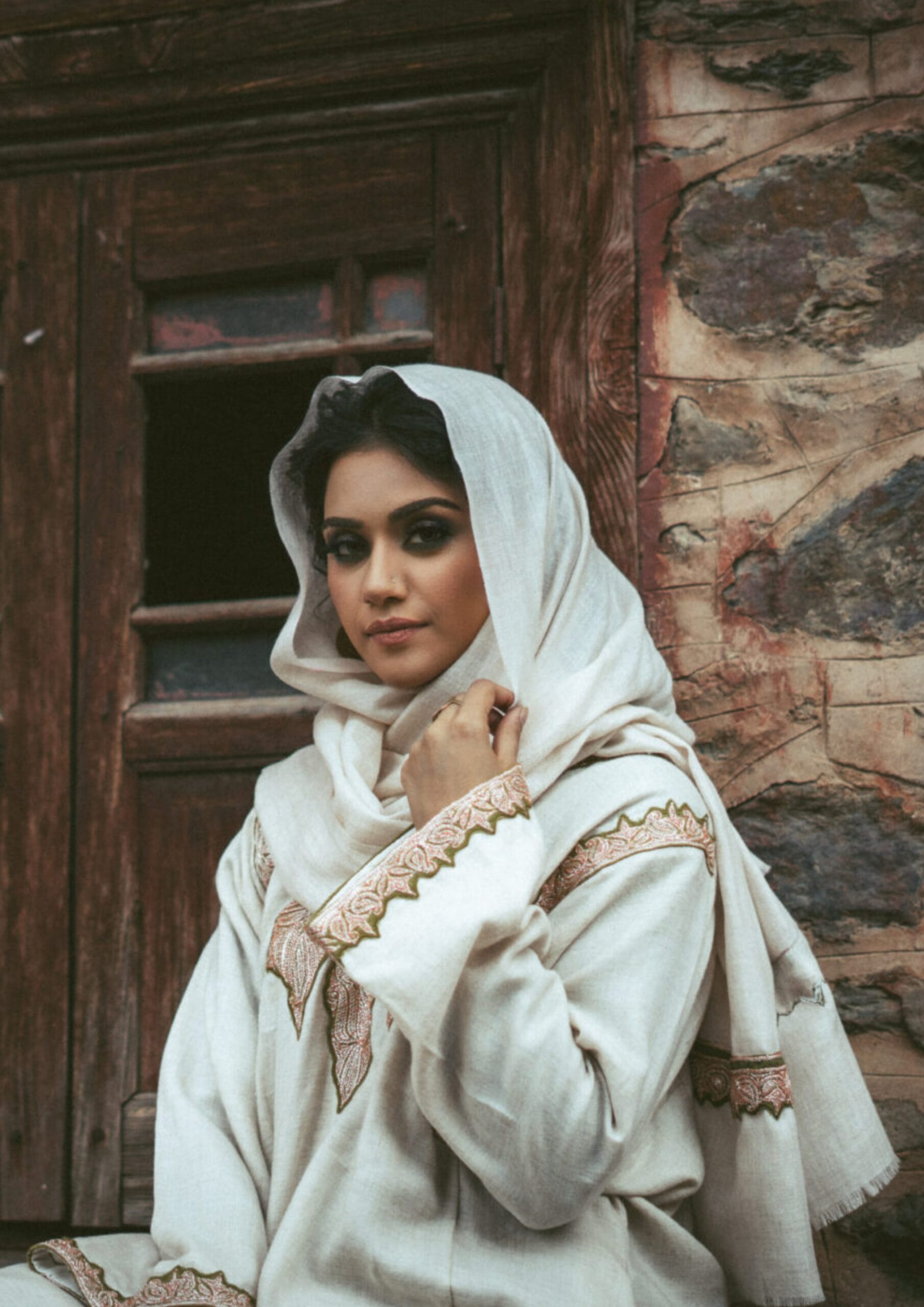 Ivory Hand Embroidered Pheran Salwar Stole