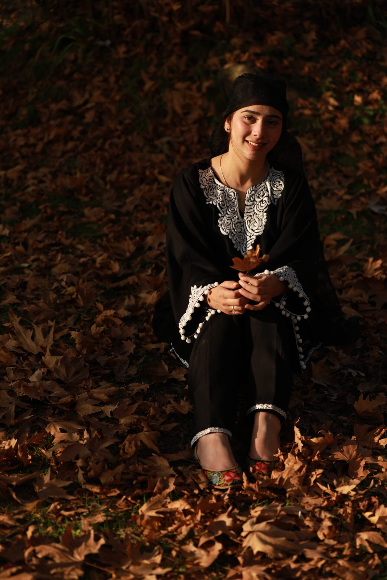 Black Thread Embroidered Pheran Salwar Organza Dupatta