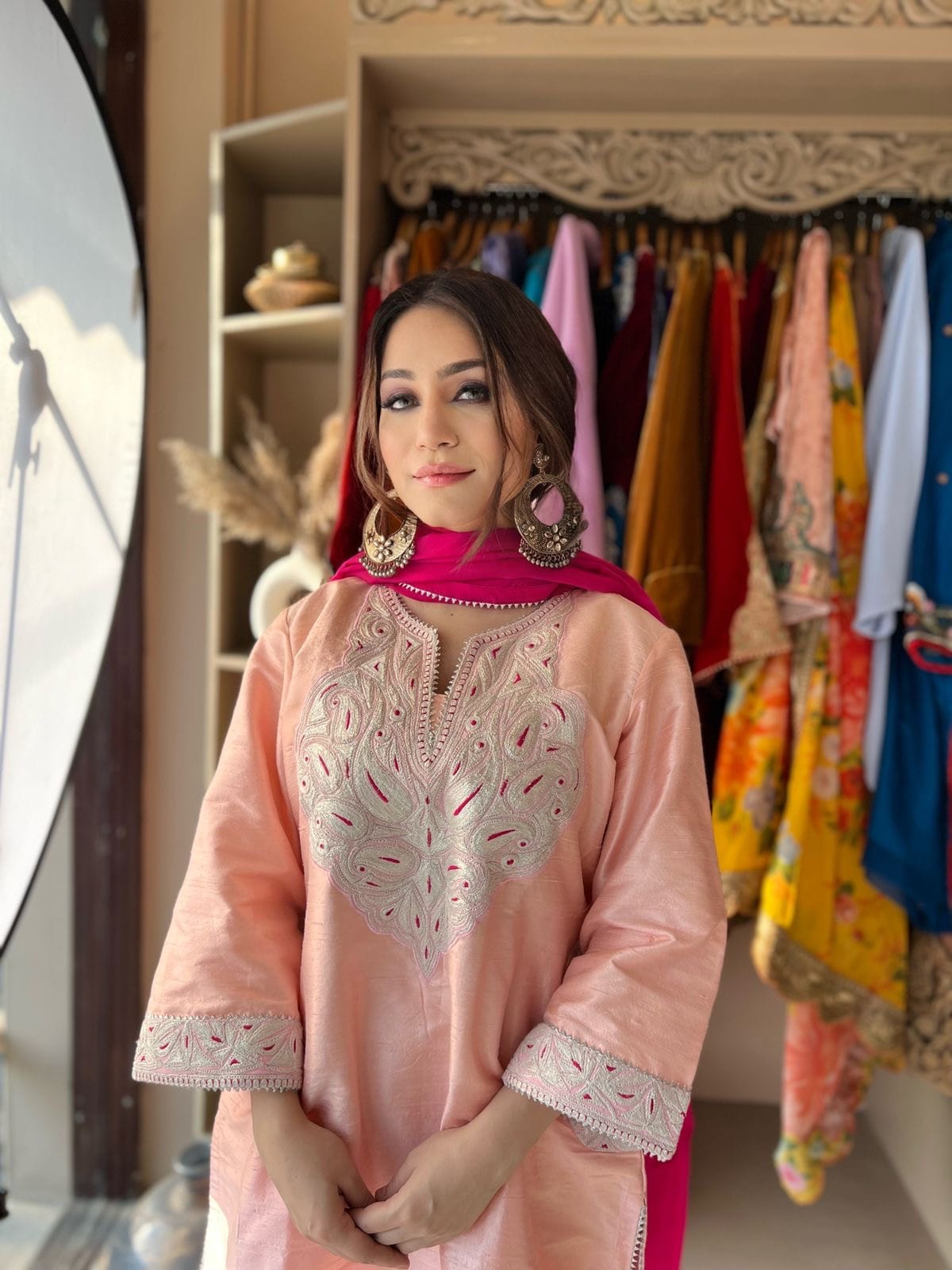 Pink Tilla And Thread Embroidered Pheran Salwar Silk Dupatta