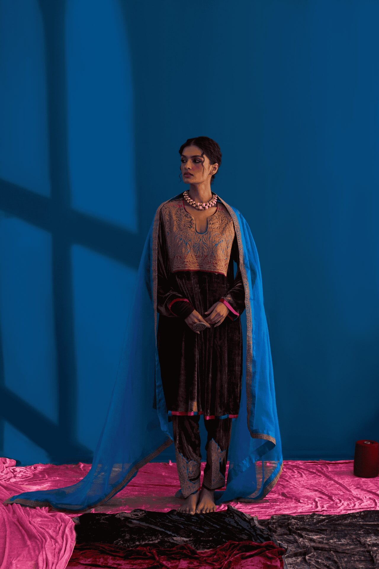 Brown And Blue Tilla Embroidered Pheran Salwar Organza Dupatta
