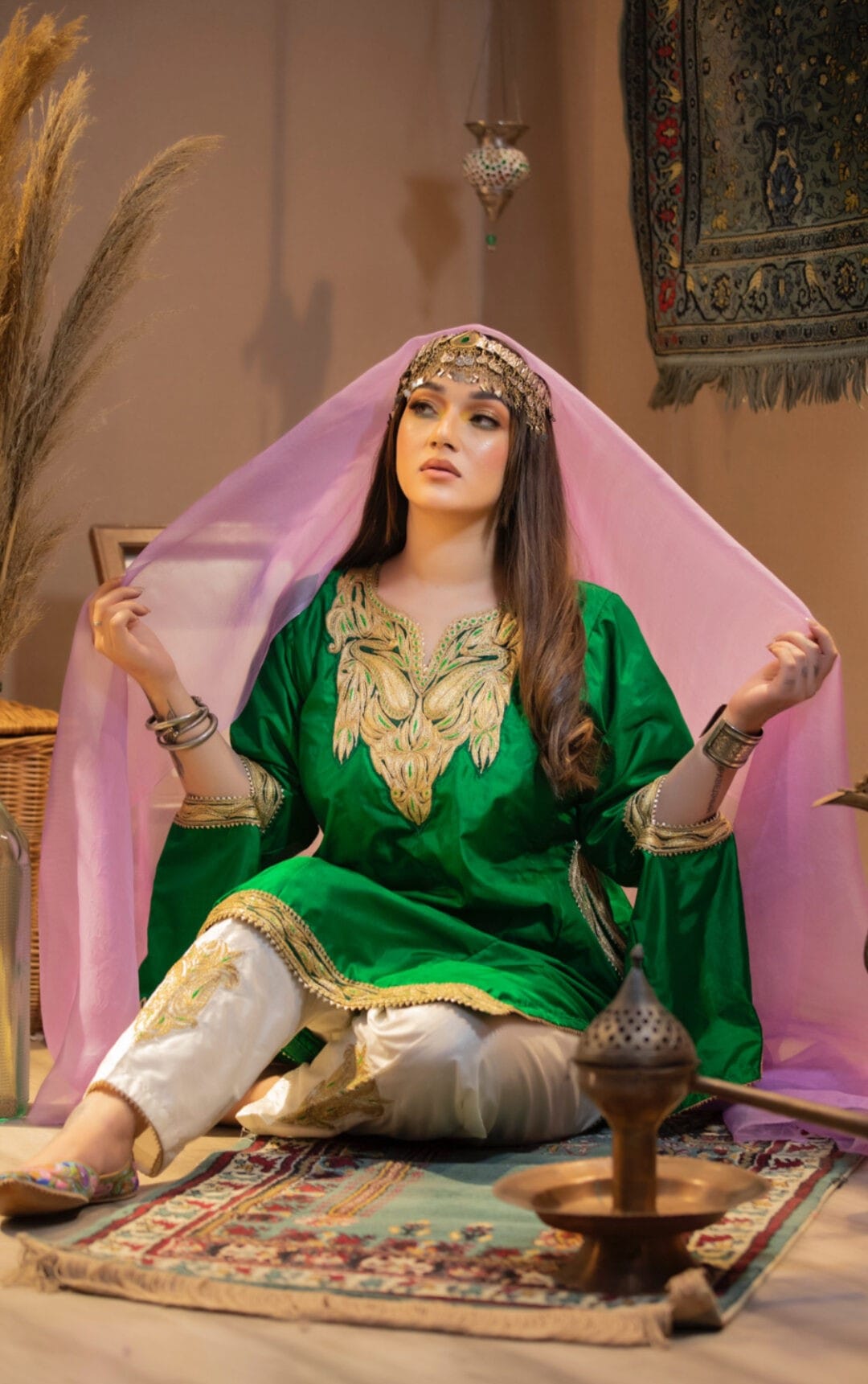 Green Tilla Embroidered Qurab Pheran Pants Organza Dupatta