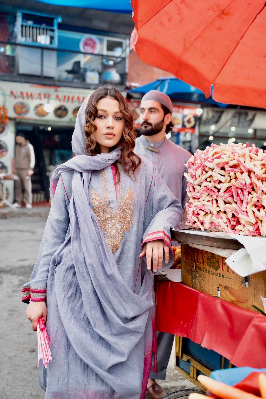 Pastel Grey Tilla Embroidered Round Pheran Farshi Salwar Dupatta
