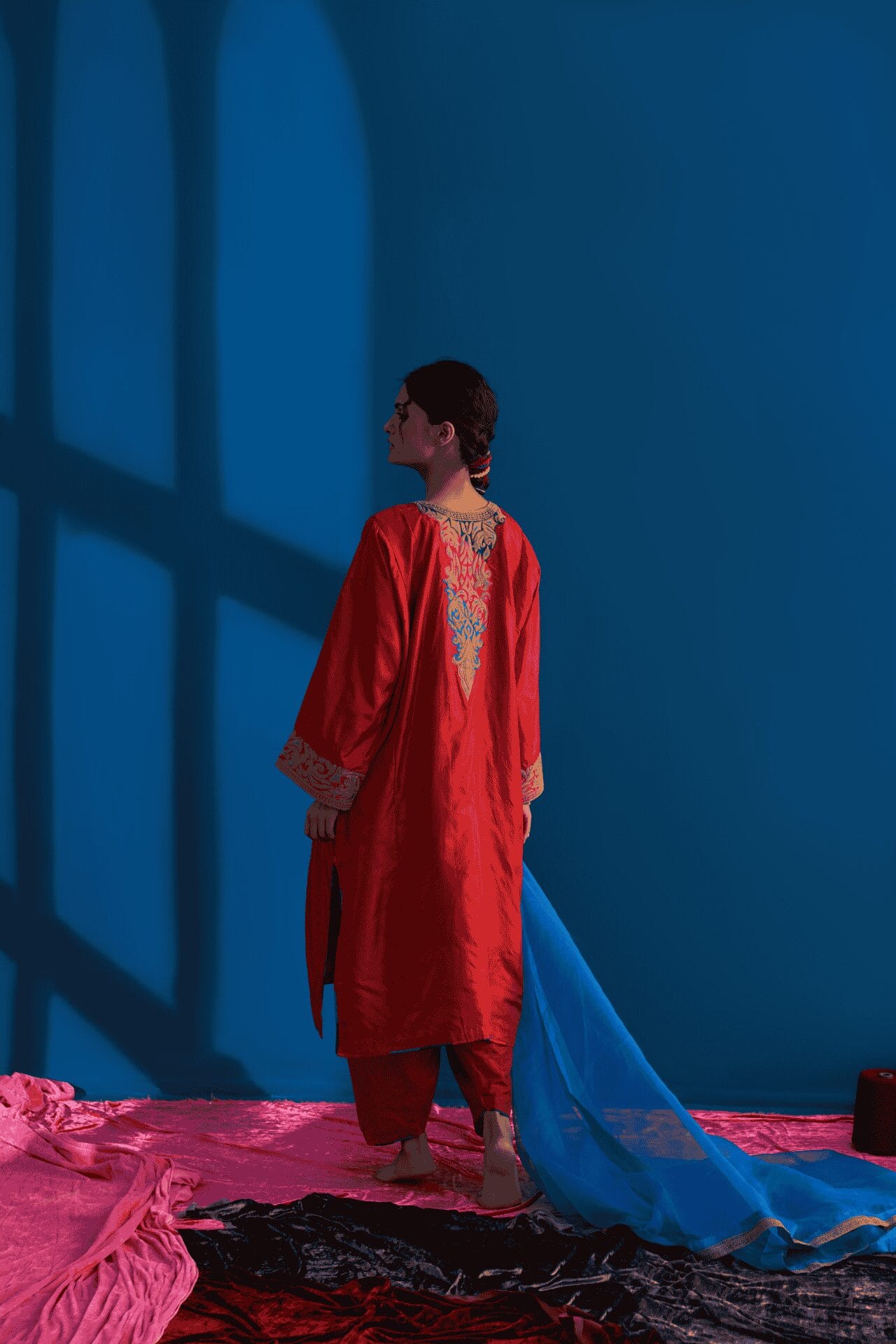 Rust Tilla Embroidered Pheran Salwar Organza Dupatta