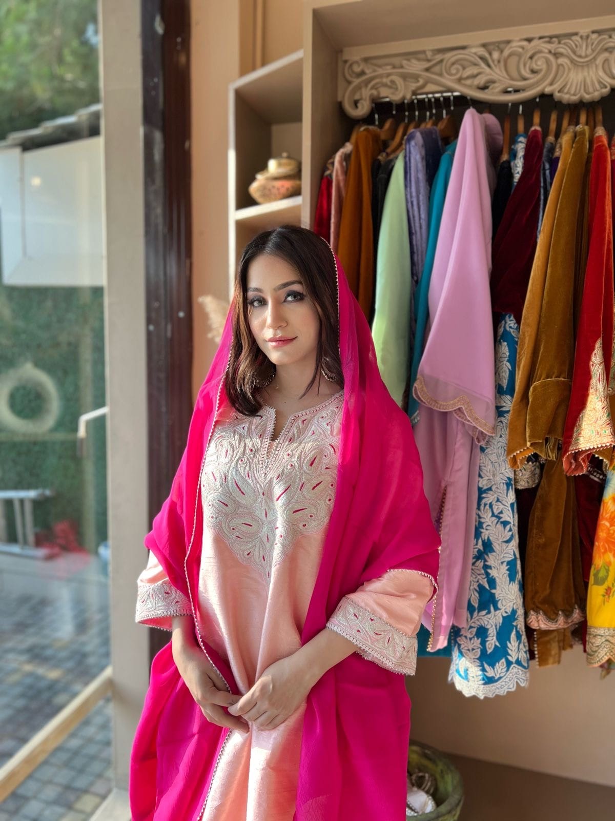 Pink Tilla And Thread Embroidered Pheran Salwar Silk Dupatta