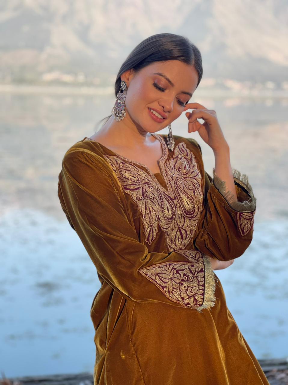 Vidhushree Arya in Brown Tilla Embroidred Pheran Pants
