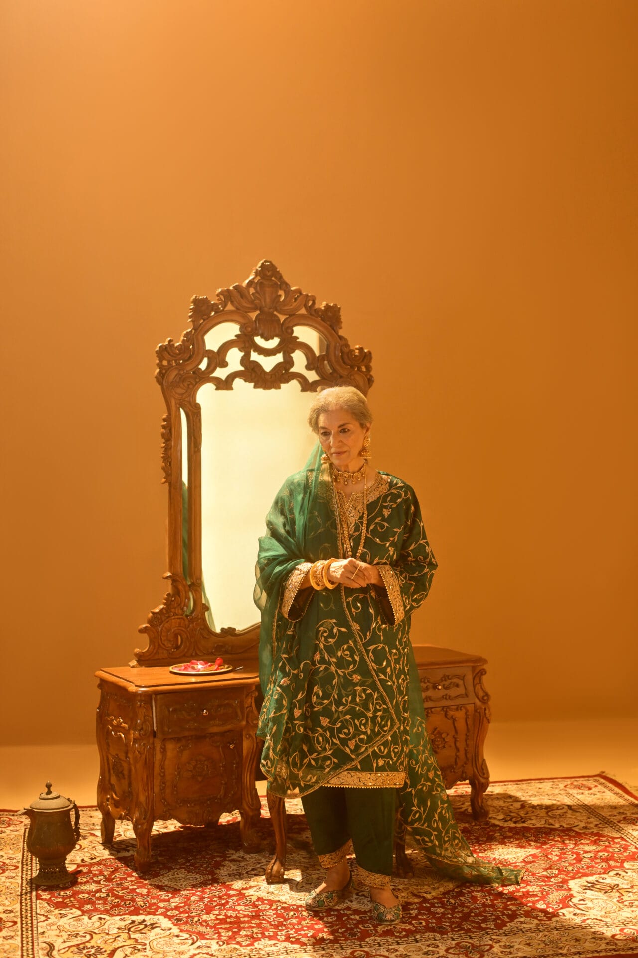Bottle Green Tilla Embroidered Pheran Salwar Organza Dupatta