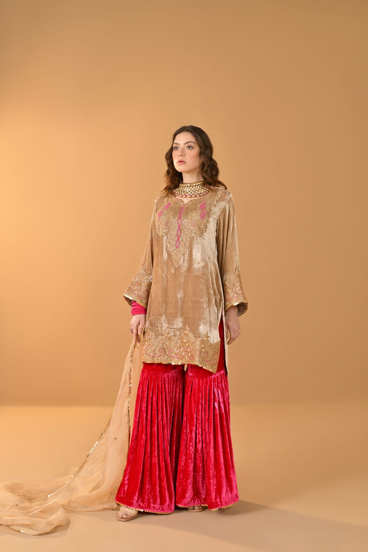 Beige and Pink Hand Embroidered Kurta Gharara Organza Dupatta