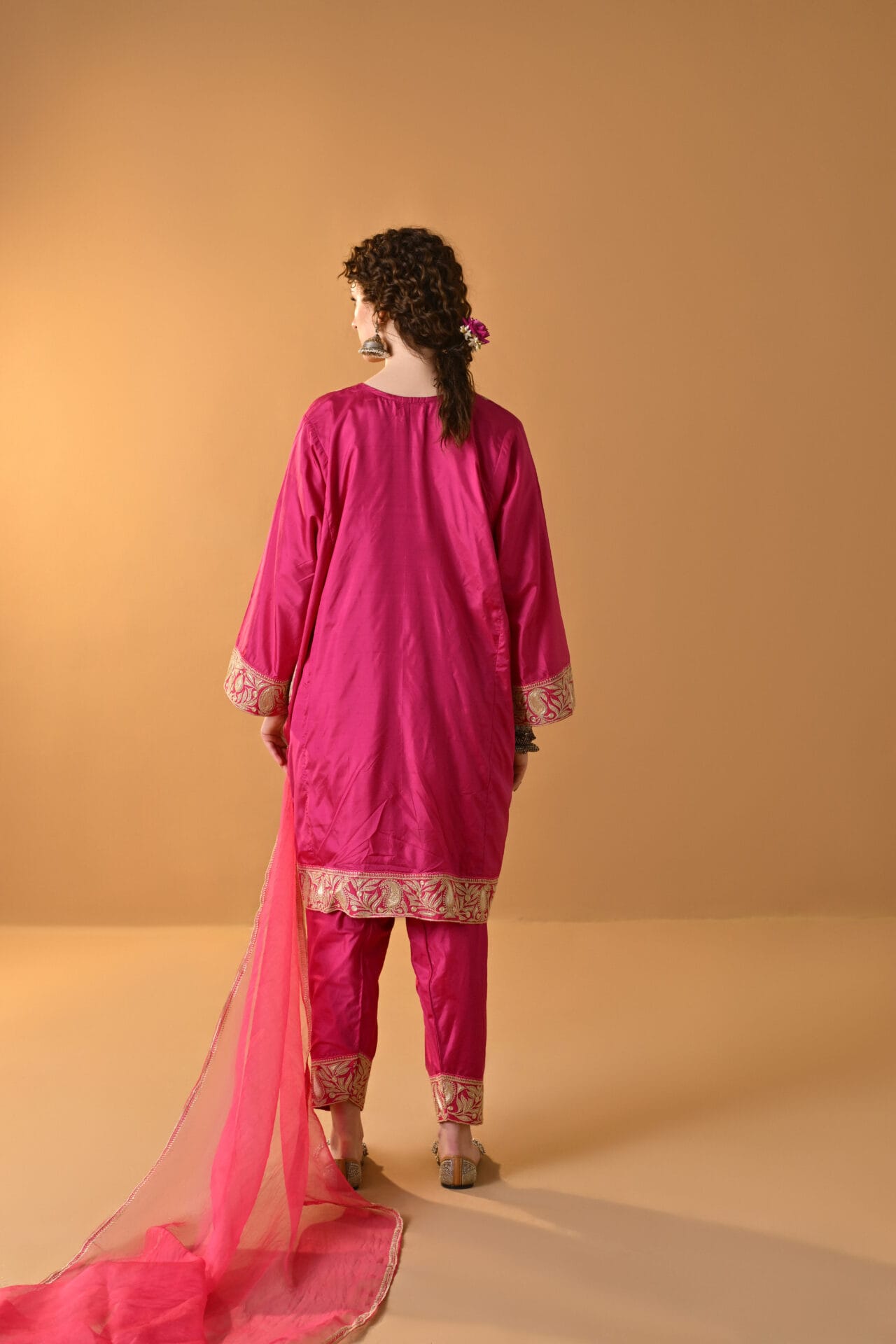 Hot Pink Tilla Embroidered Pheran Salwar Organza Dupatta