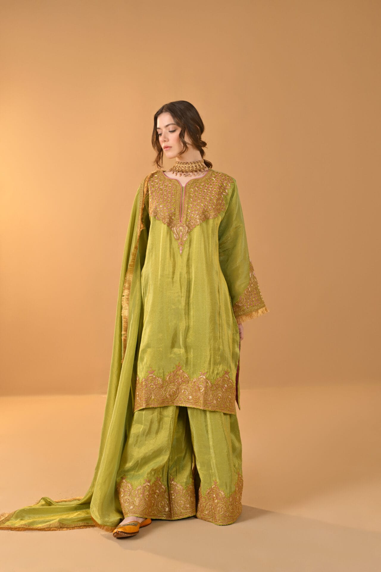 Green Tilla Embroidered Pheran Palazzo Organza Dupatta