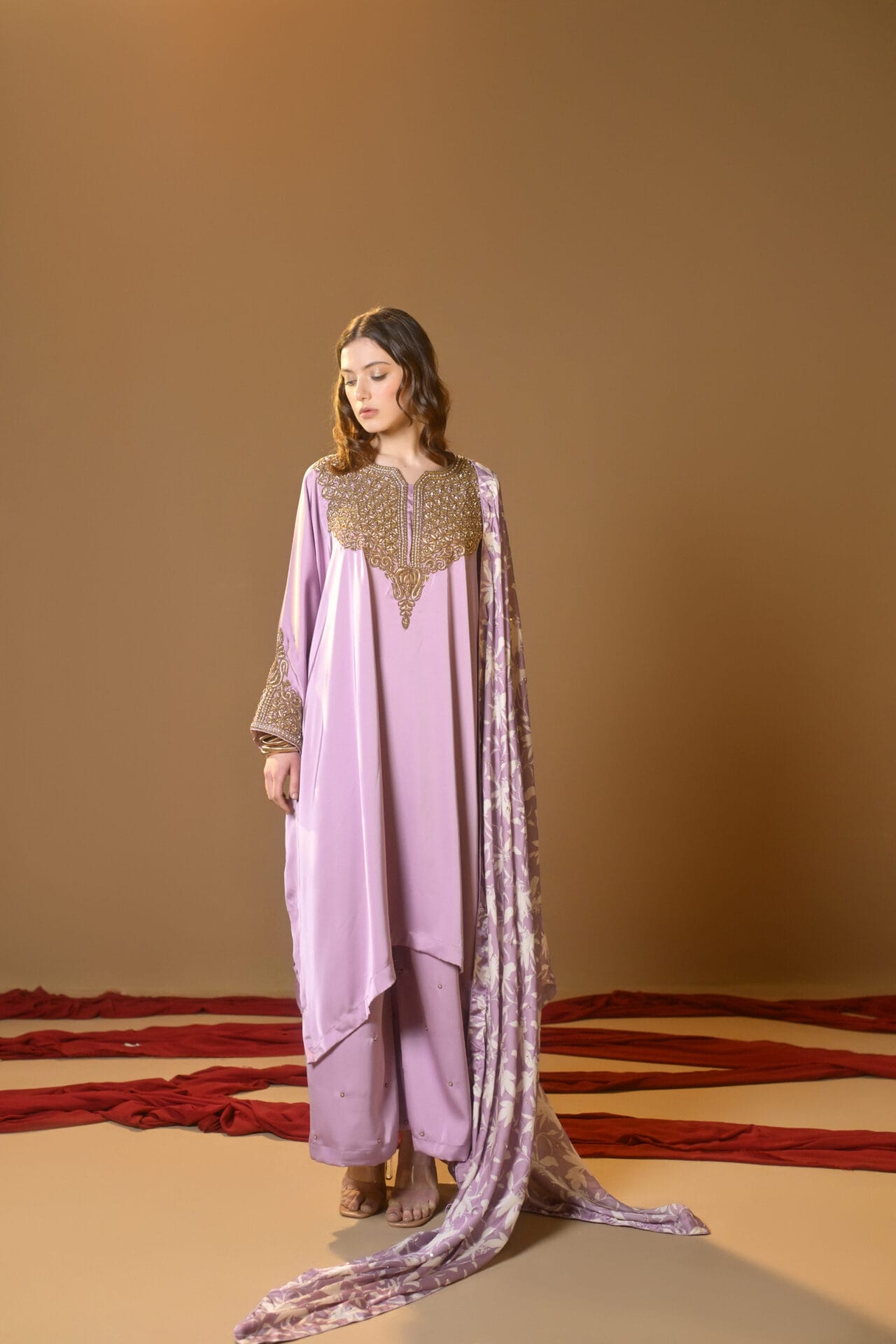 Lavender Tilla Embroidered Kaftaan Palazzo Printed Dupatta