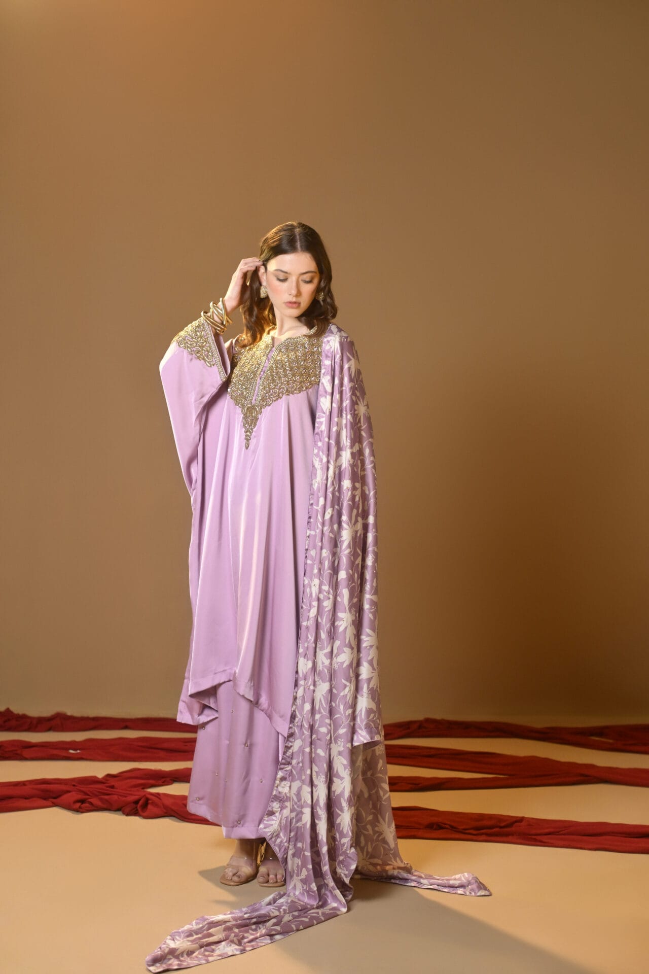Lavender Tilla Embroidered Kaftaan Palazzo Printed Dupatta