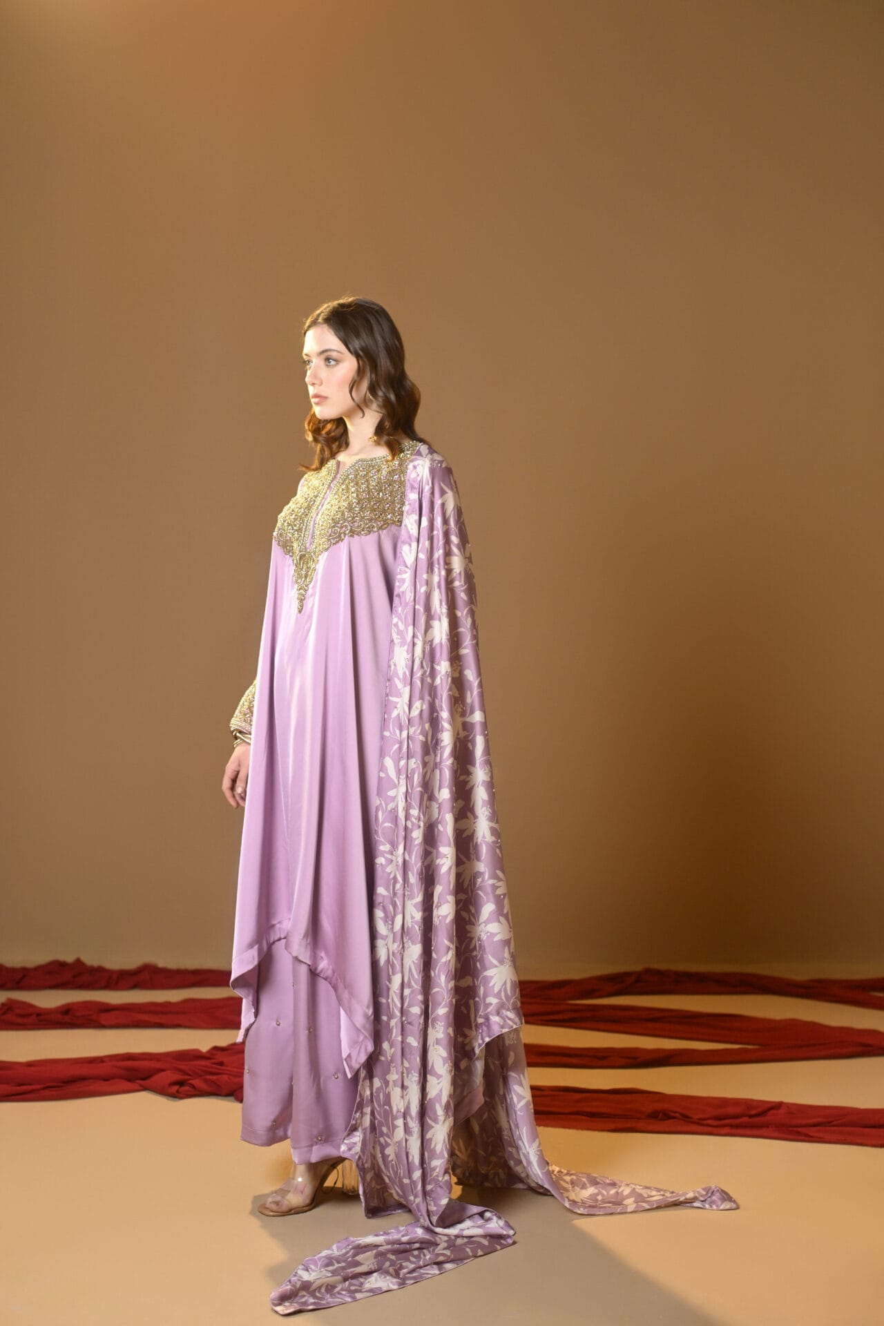 Lavender Tilla Embroidered Kaftaan Palazzo Printed Dupatta