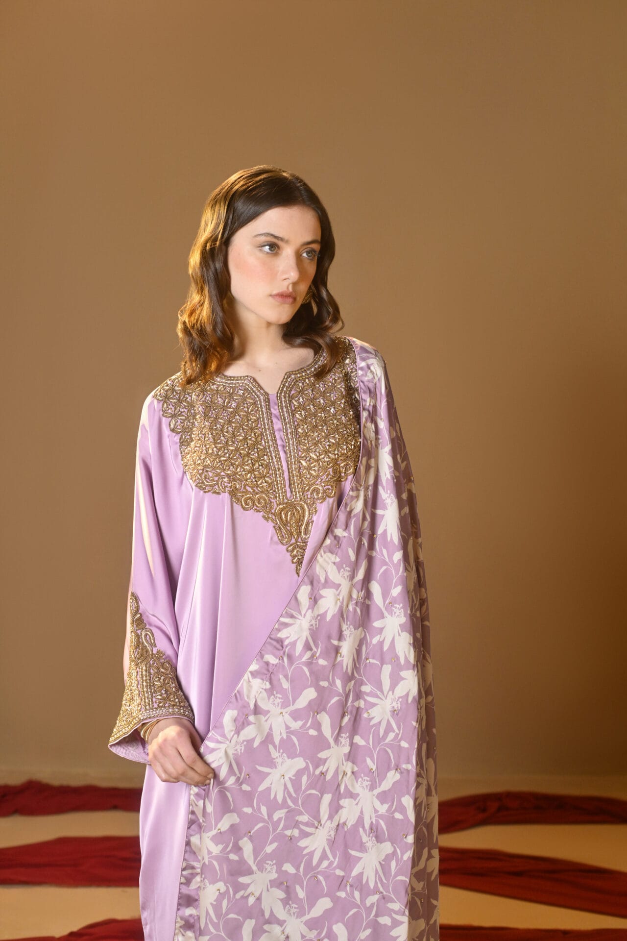 Lavender Tilla Embroidered Kaftaan Palazzo Printed Dupatta