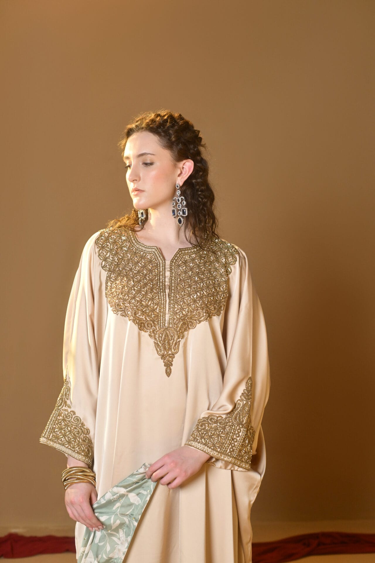Cream Tilla Embroidered Kaftaan Palazzo Printed Dupatta