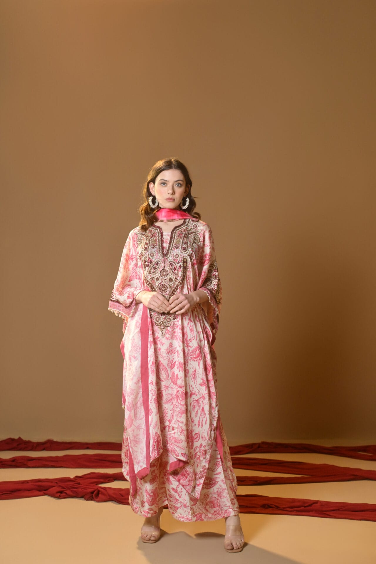 Pink Printed Hand Embroidered Kaftan Palazzo Printed Dupatta