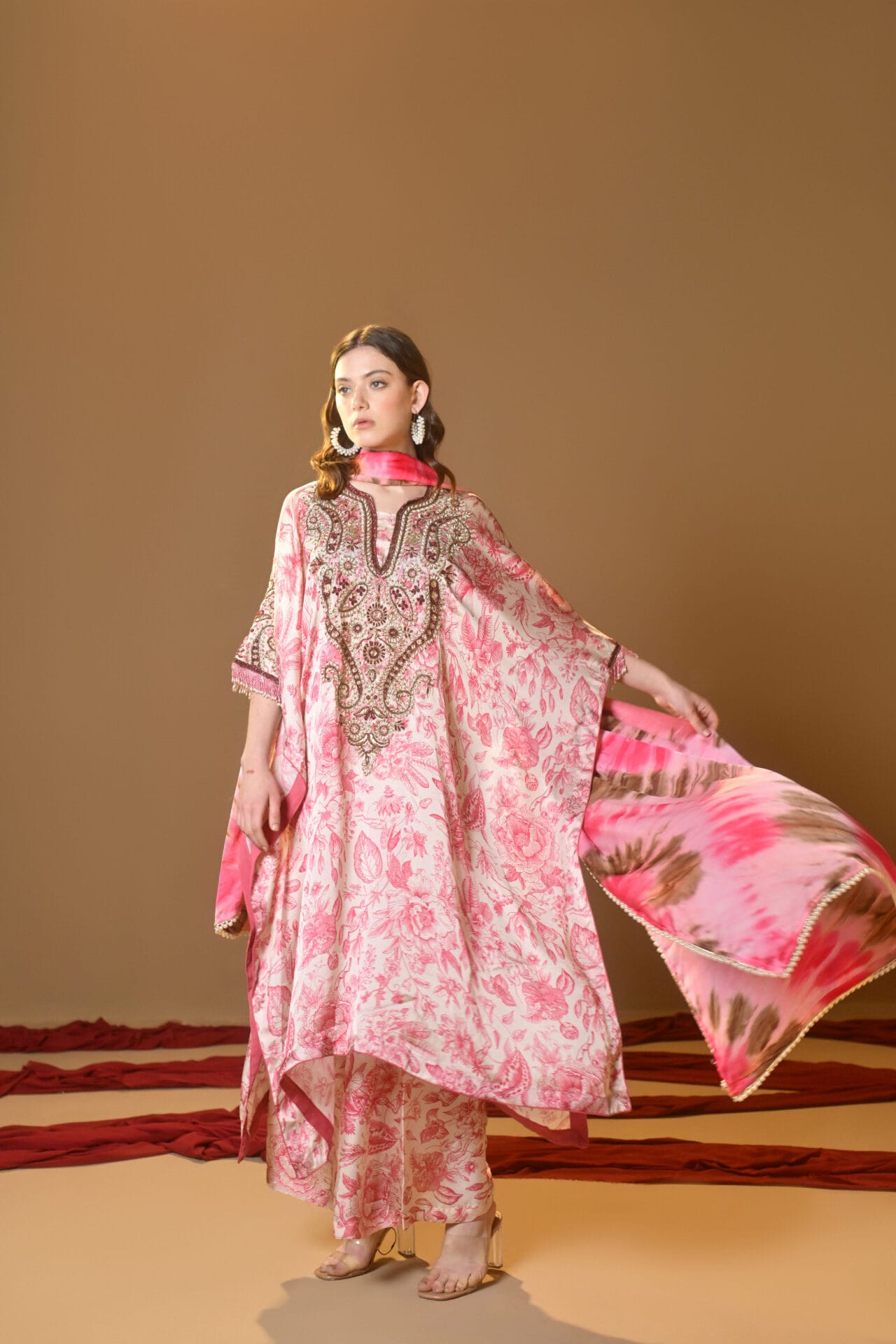 Pink Printed Hand Embroidered Kaftan Palazzo Printed Dupatta