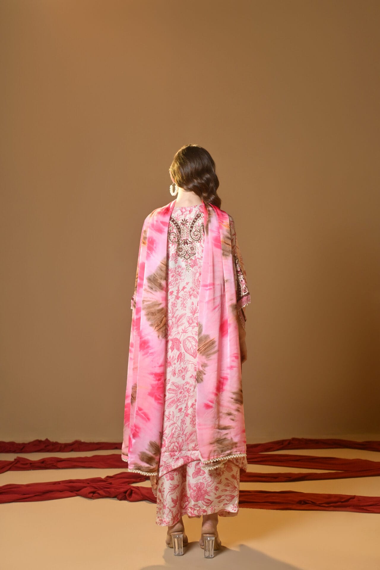 Pink Printed Hand Embroidered Kaftan Palazzo Printed Dupatta