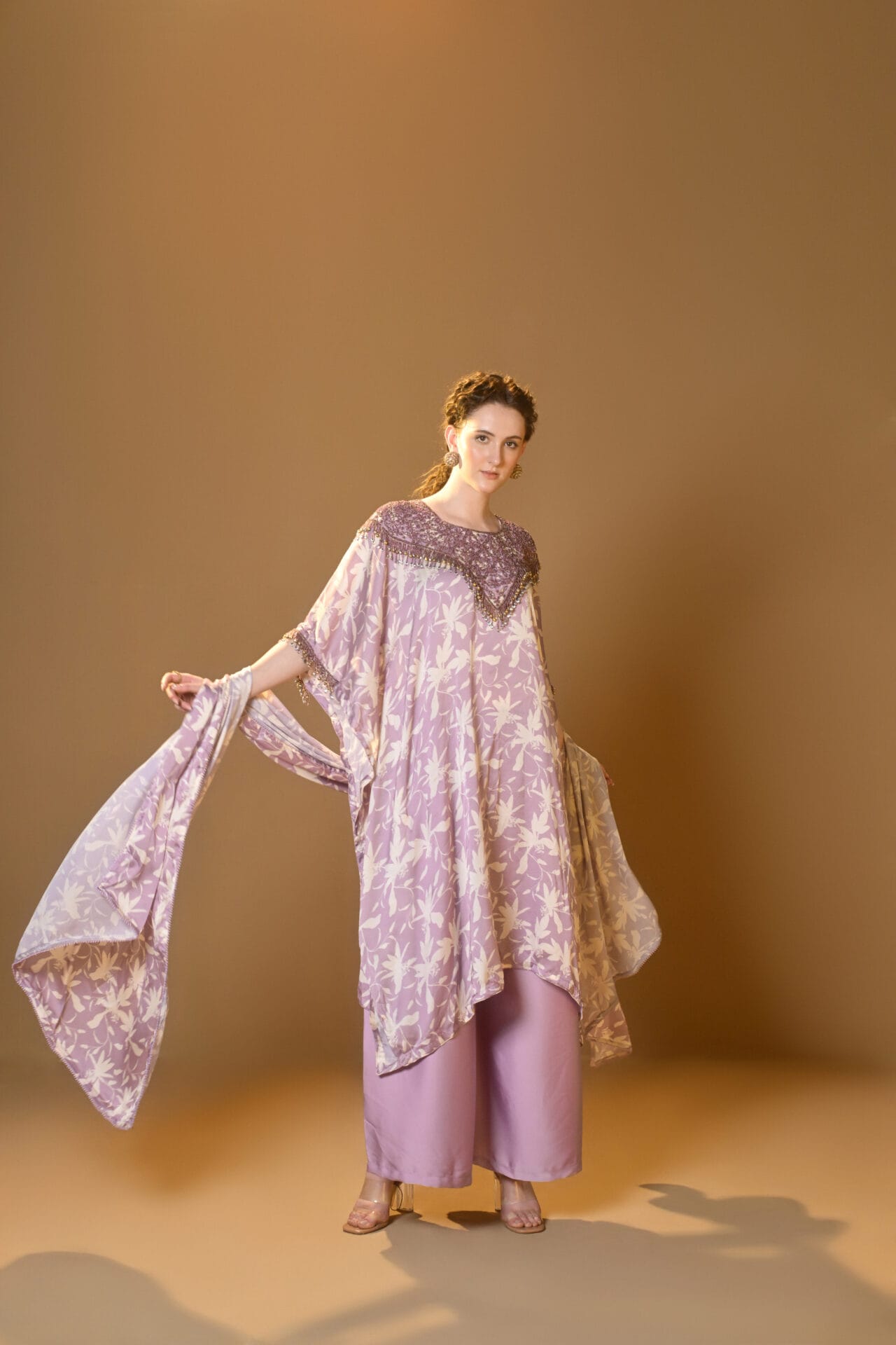 Purple Printed Hand Embroidered Kaftaan Palazzo Printed Dupatta