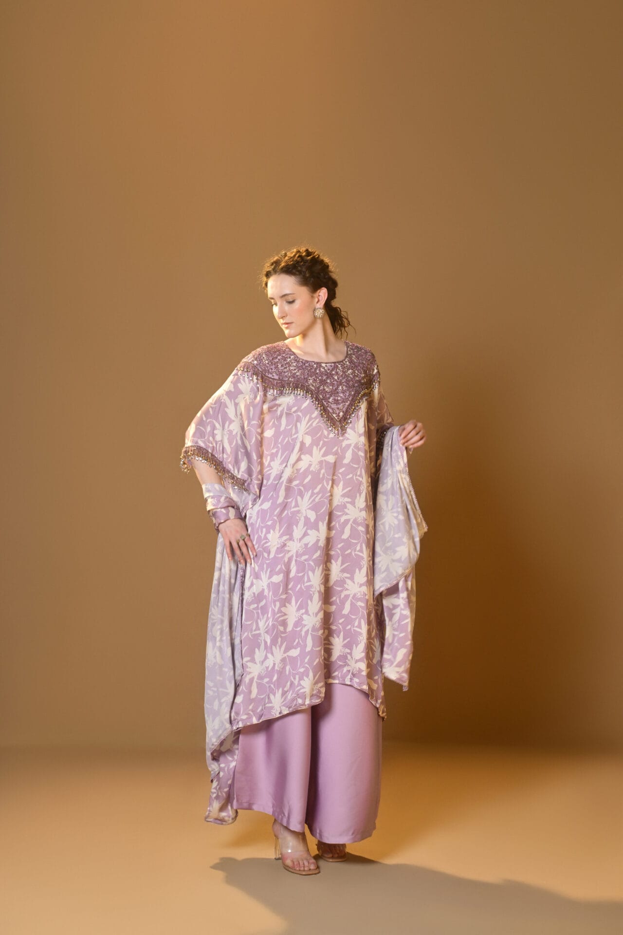 Purple Printed Hand Embroidered Kaftaan Palazzo Printed Dupatta