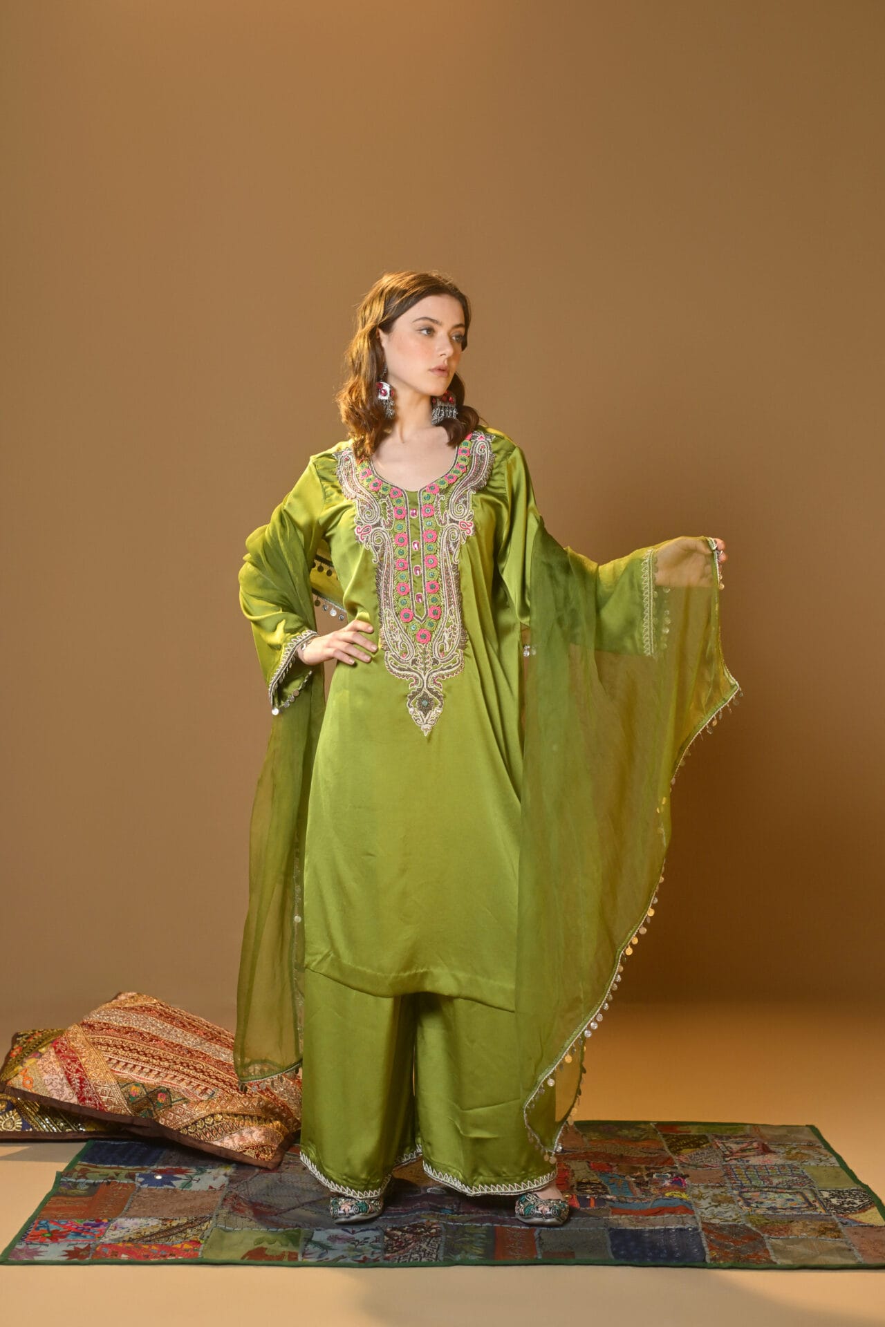 Lime Green Hand Embroidered Kurta Palazzo Organza Dupatta