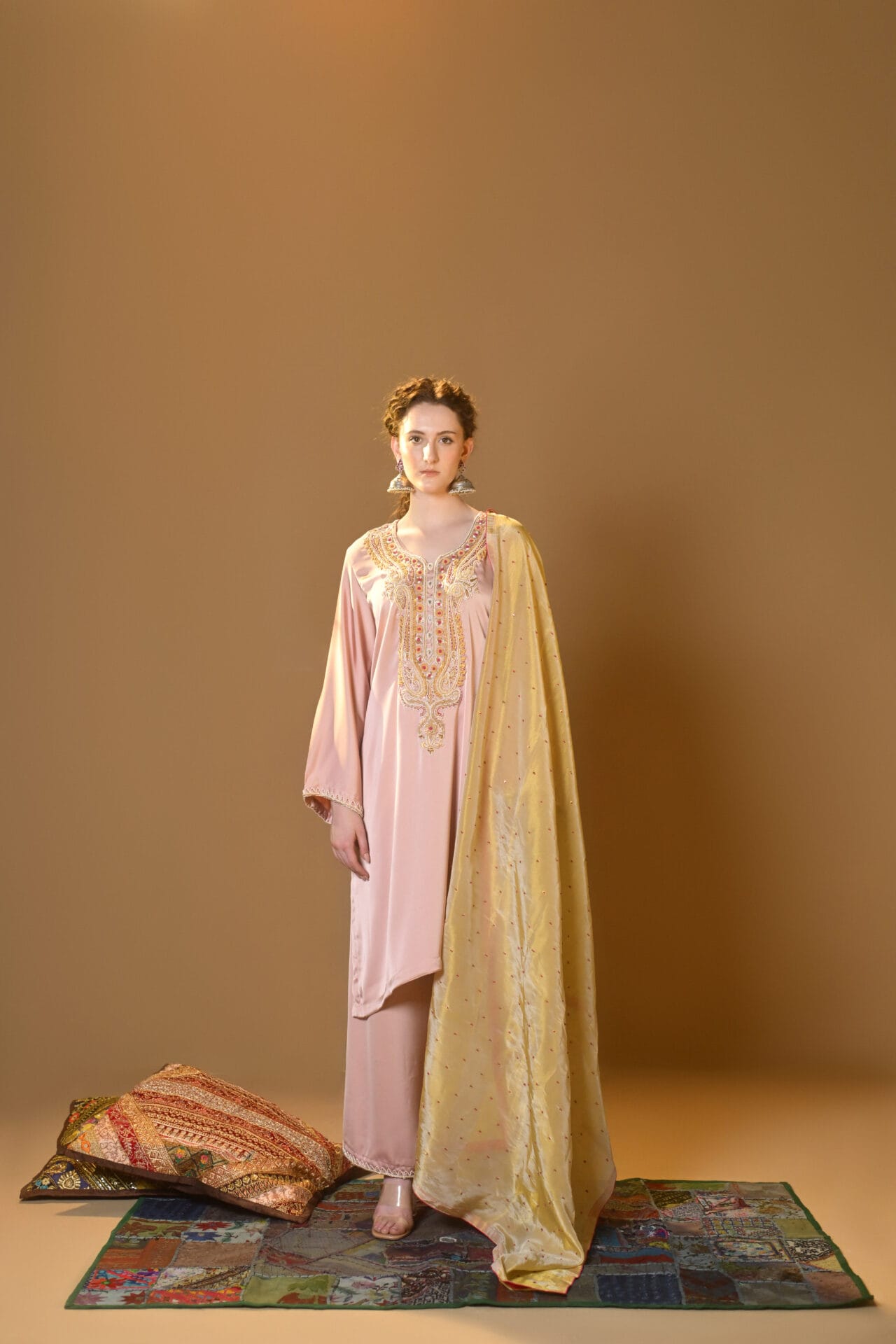 Salmon Pink Hand Embroidered Kurta Pallazo Organza Dupatta