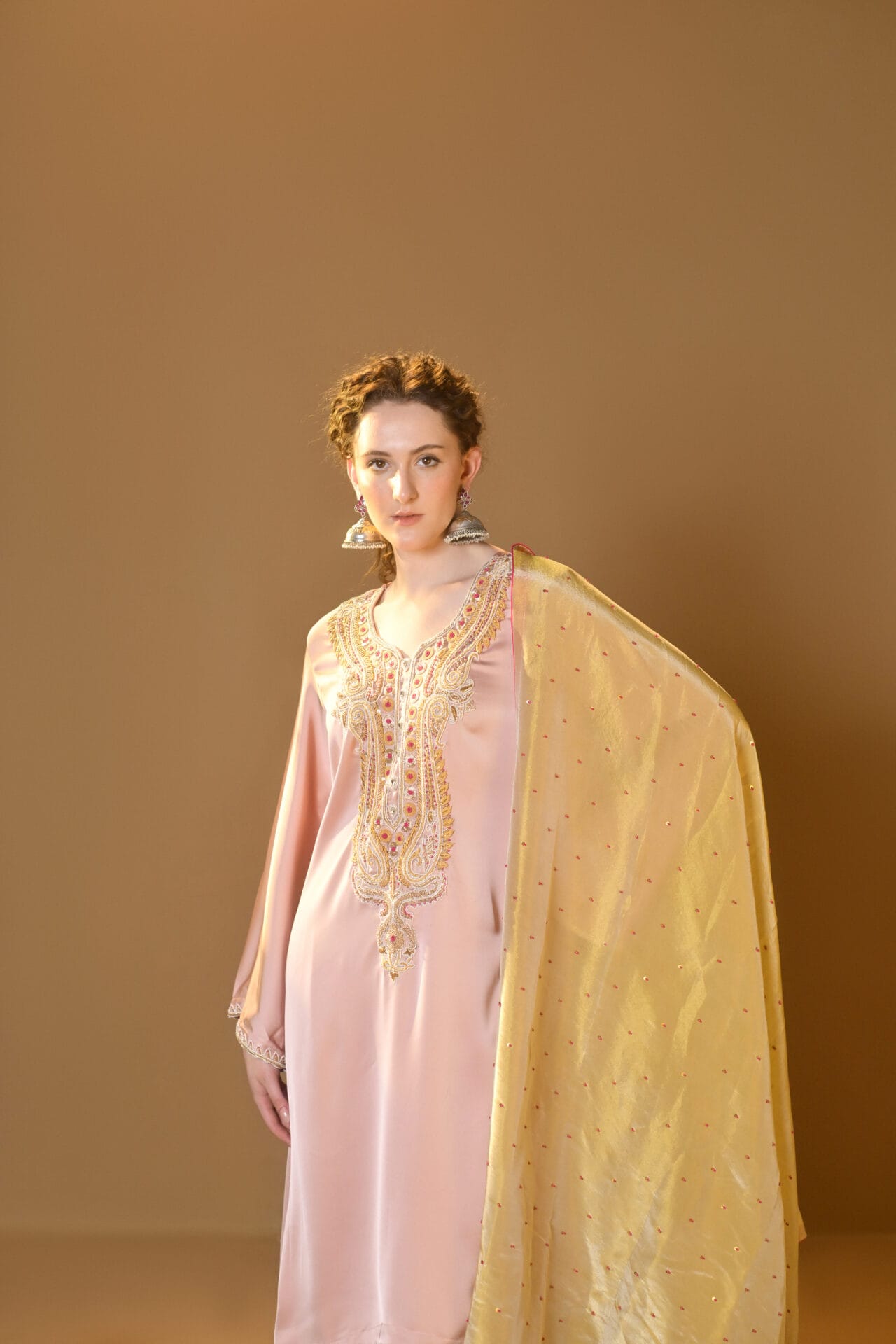 Salmon Pink Hand Embroidered Kurta Pallazo Organza Dupatta