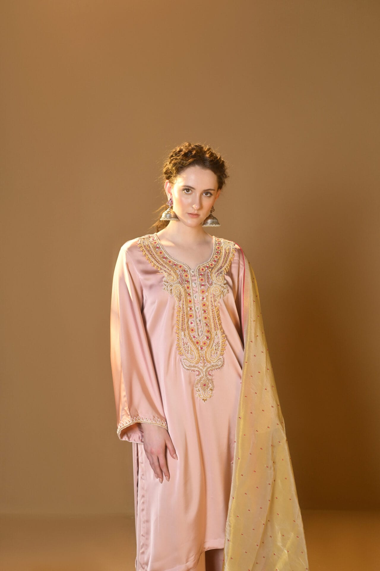 Salmon Pink Hand Embroidered Kurta Pallazo Organza Dupatta