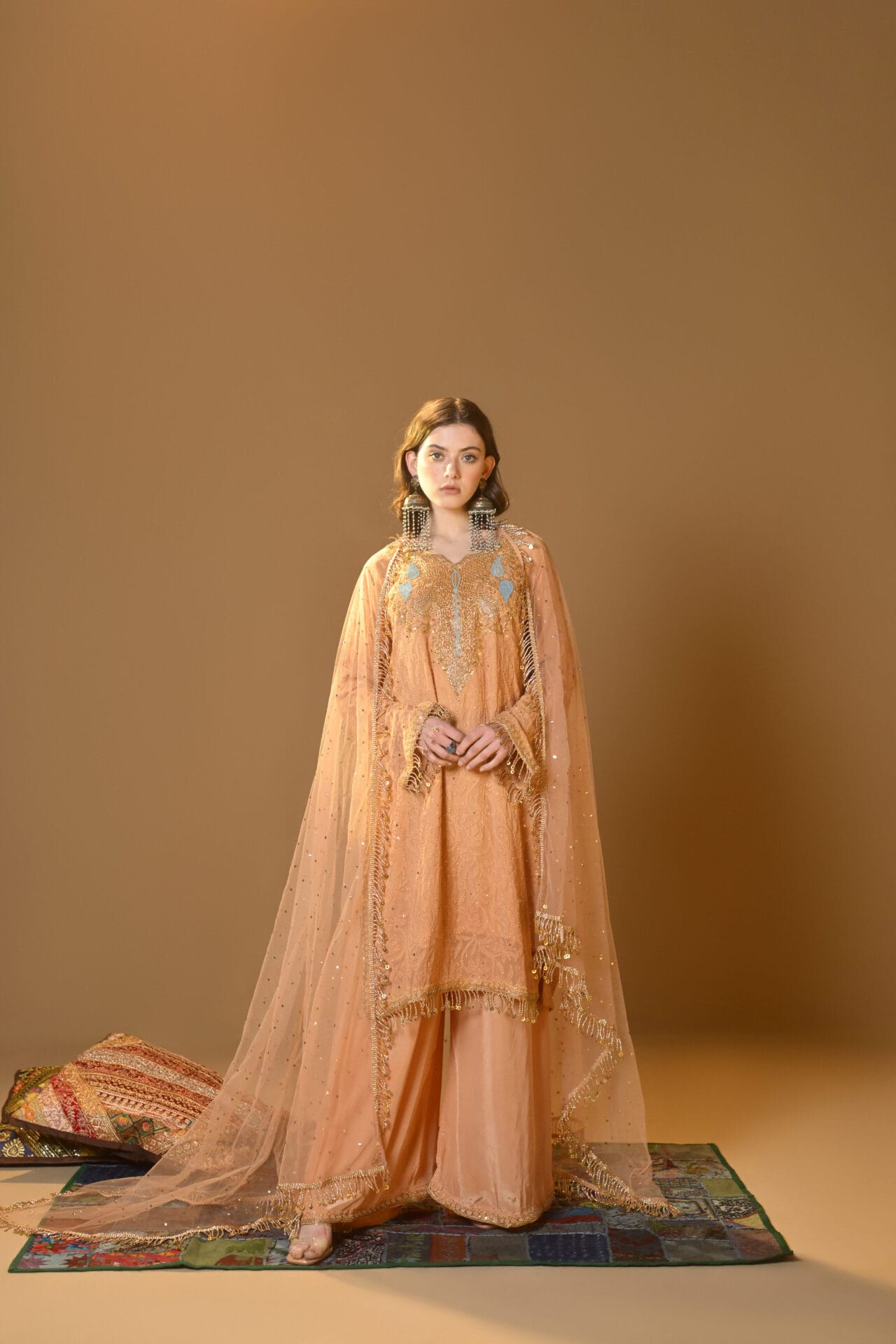 Peach Hand Embroidered Kurta Palazzo Net Mukaish Dupatta