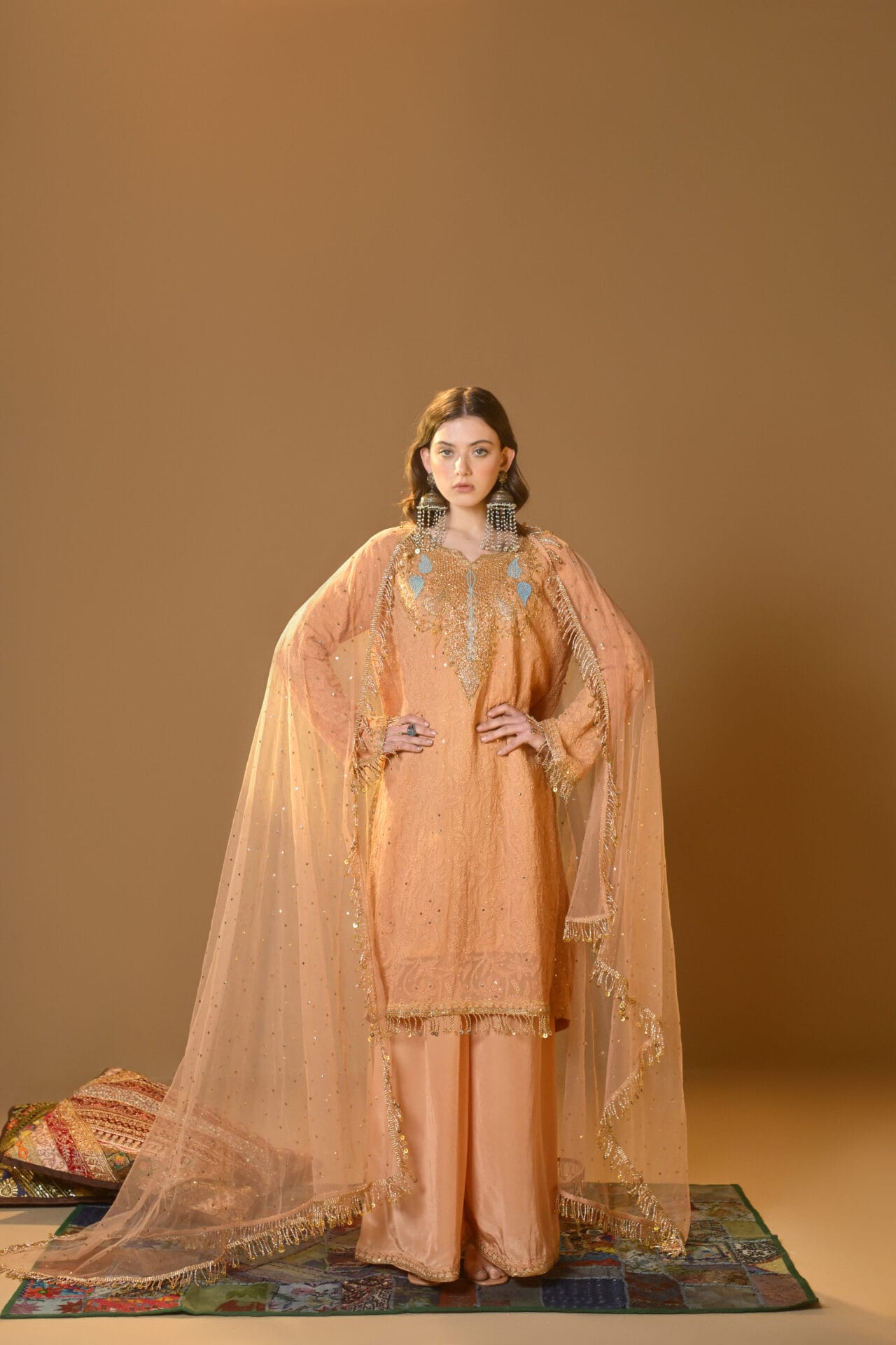 Peach Hand Embroidered Kurta Palazzo Net Mukaish Dupatta