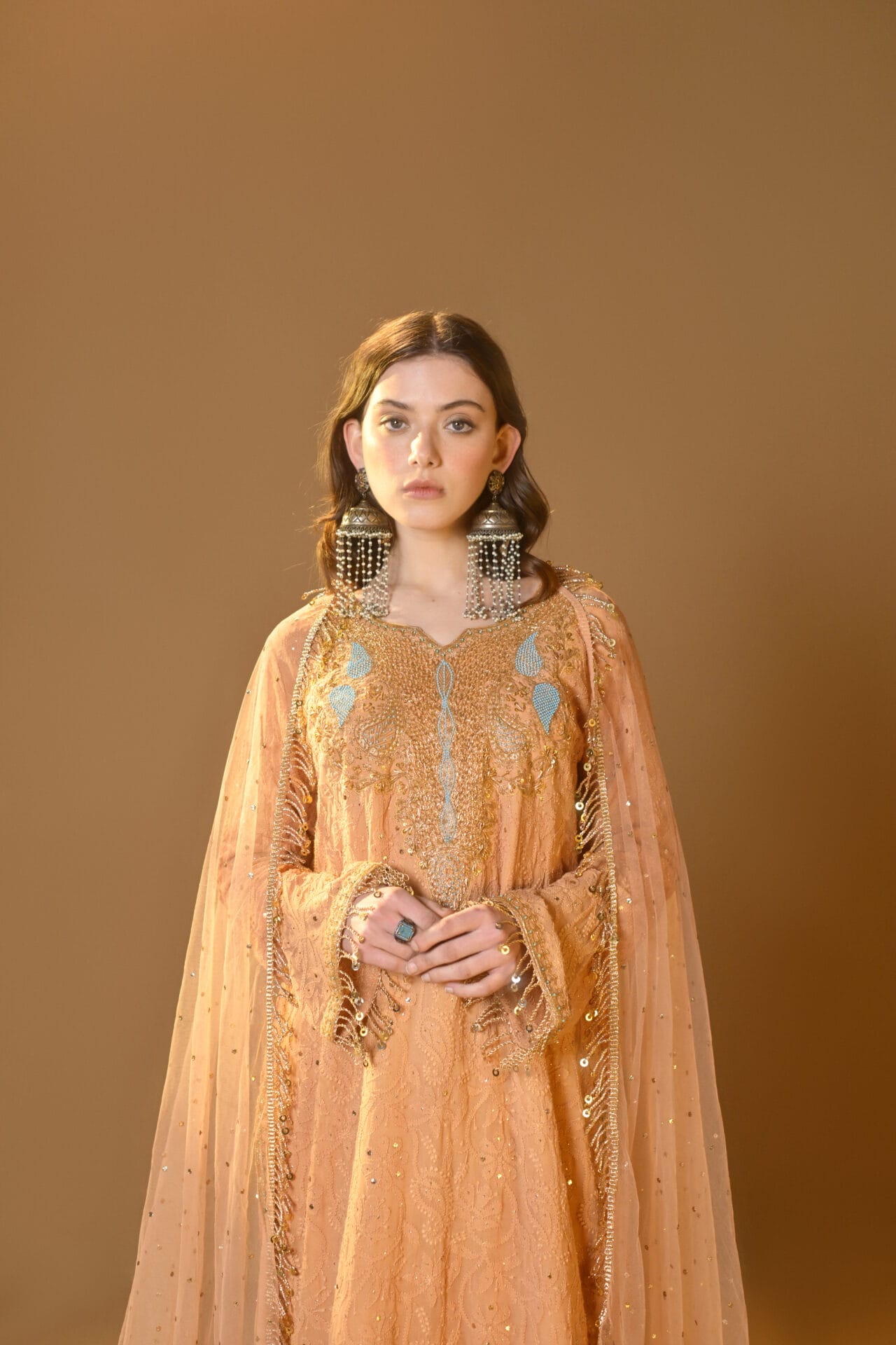 Peach Hand Embroidered Kurta Palazzo Net Mukaish Dupatta