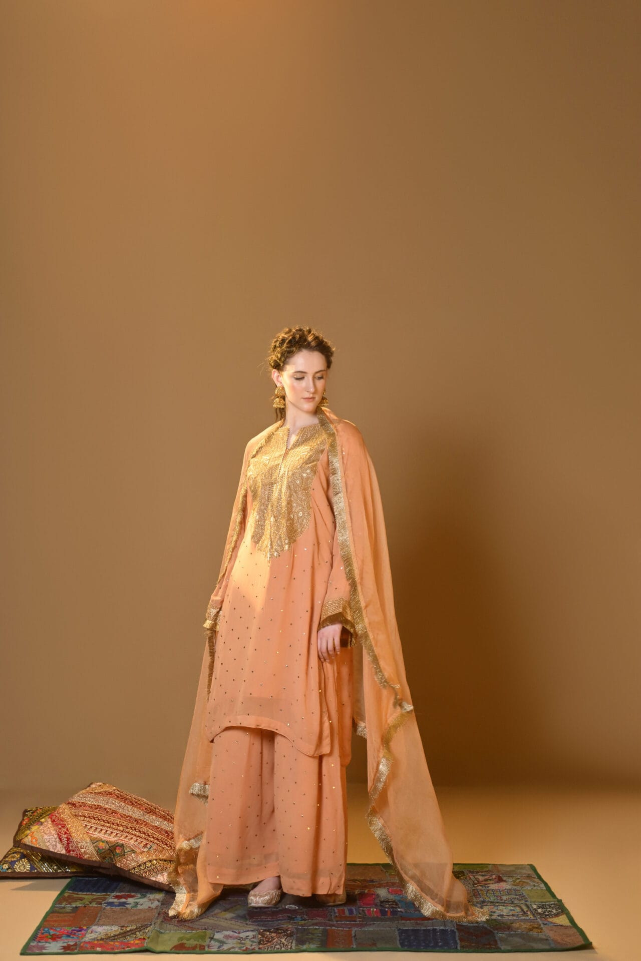 Peach Tilla Embroidered Kurta Palazzo Organza Dupatta