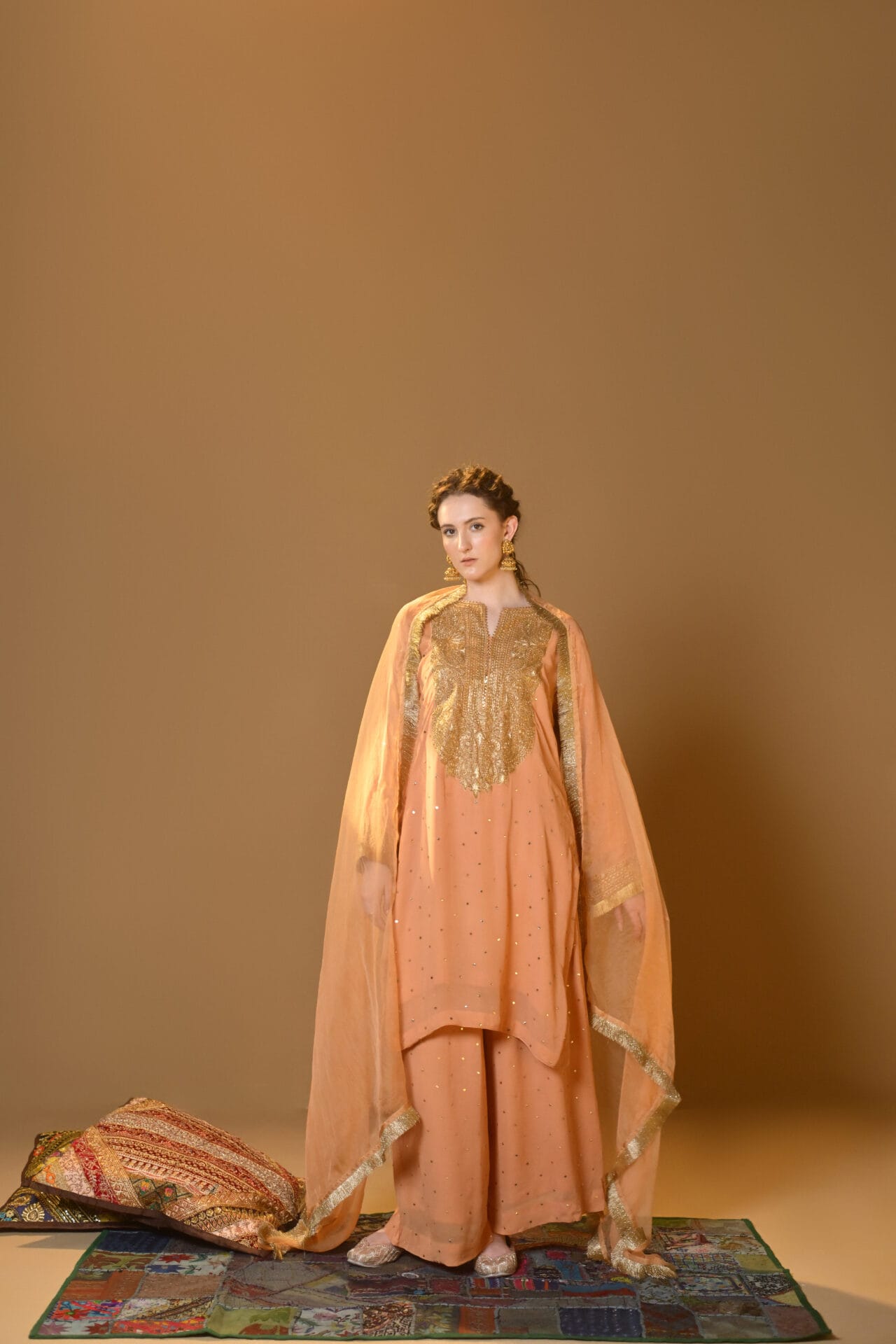 Peach Tilla Embroidered Kurta Palazzo Organza Dupatta