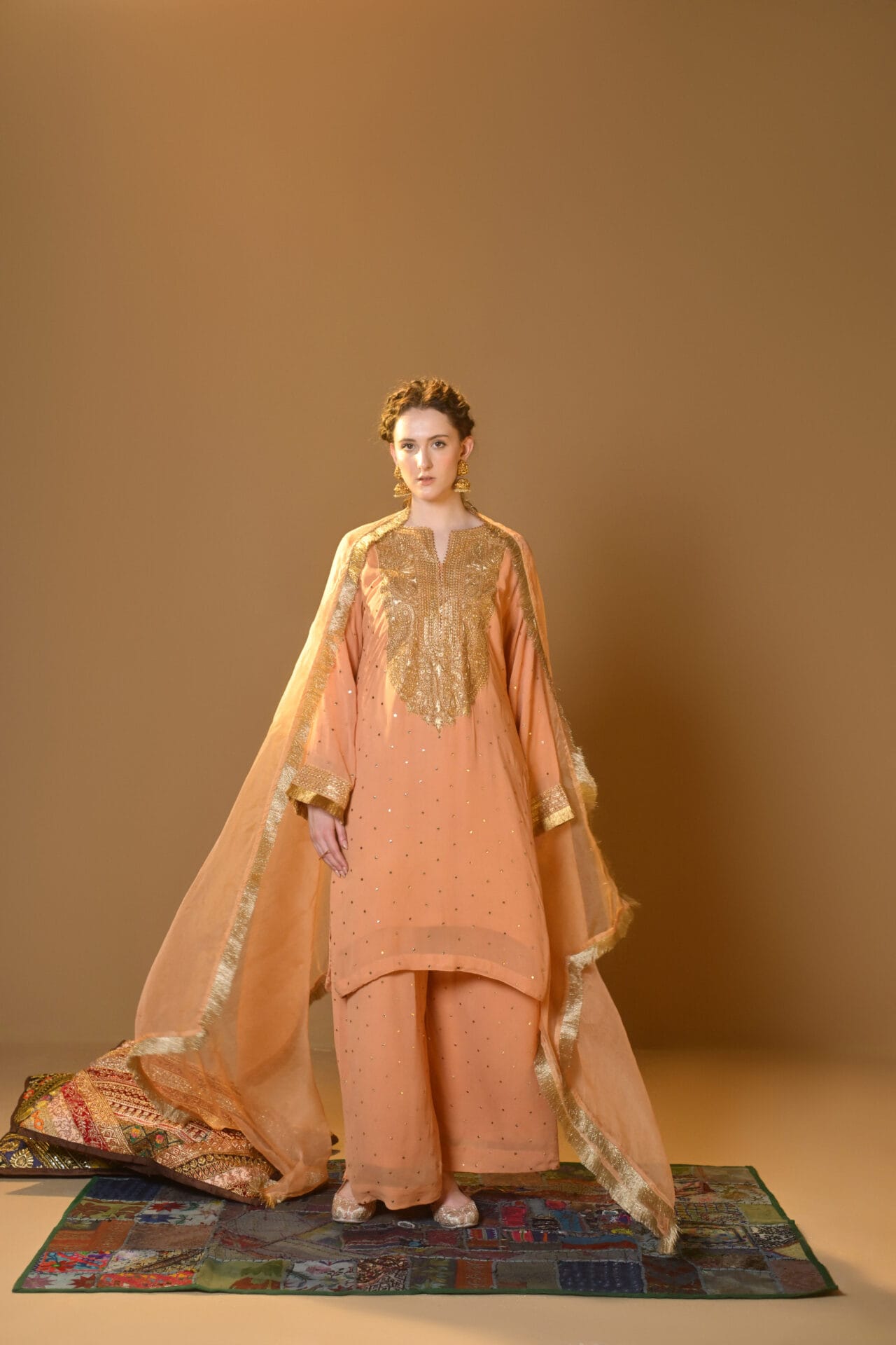 Peach Tilla Embroidered Kurta Palazzo Organza Dupatta