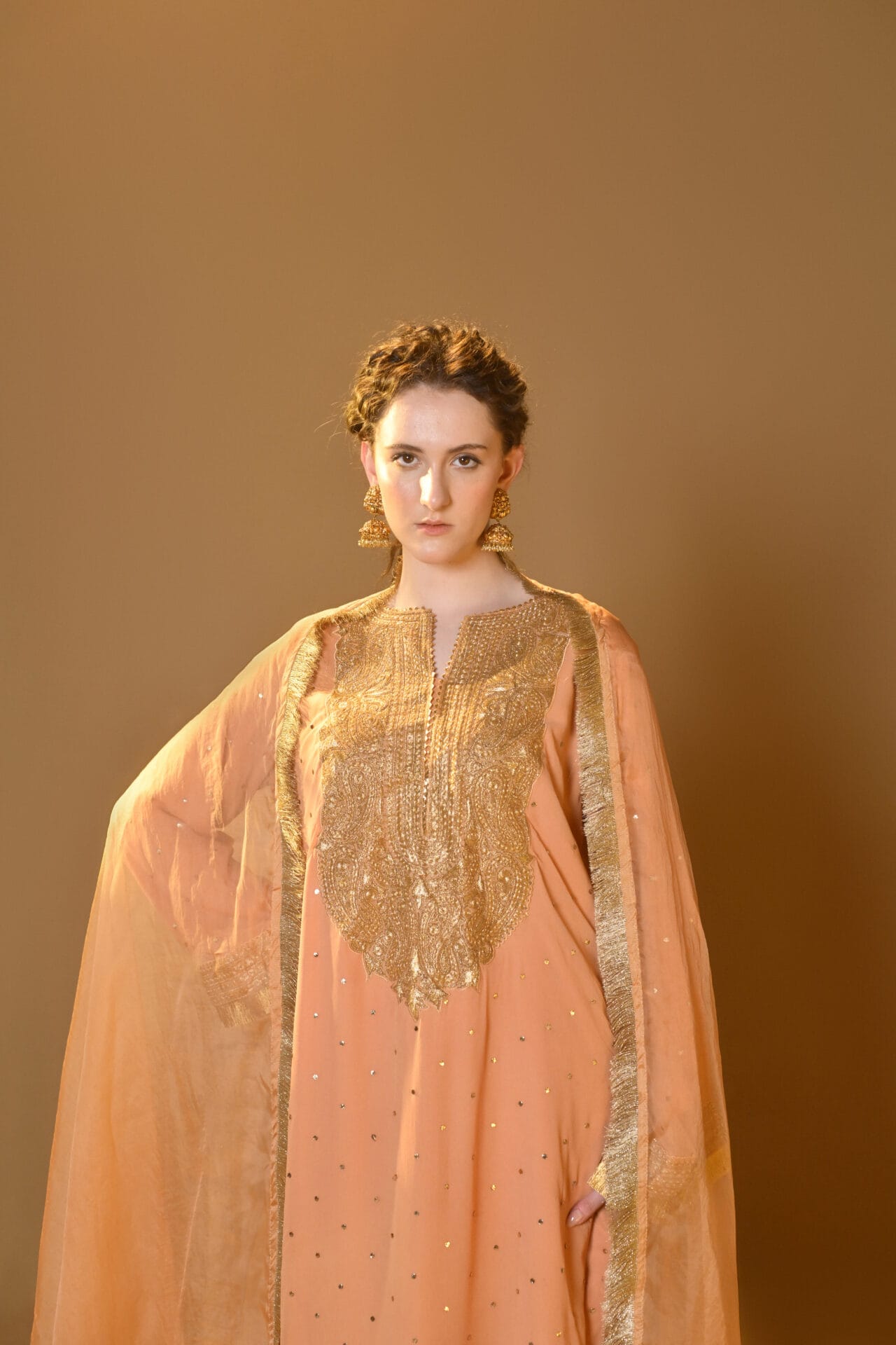 Peach Tilla Embroidered Kurta Palazzo Organza Dupatta