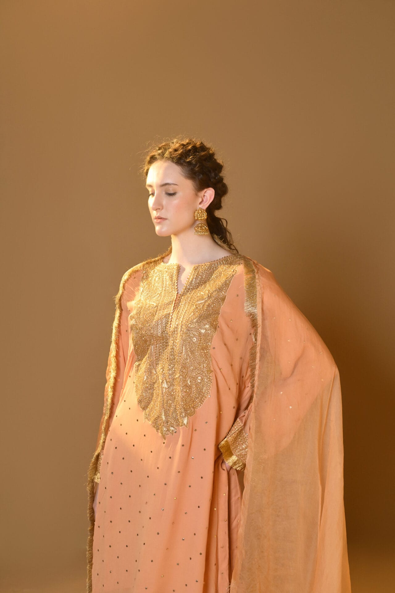 Peach Tilla Embroidered Kurta Palazzo Organza Dupatta