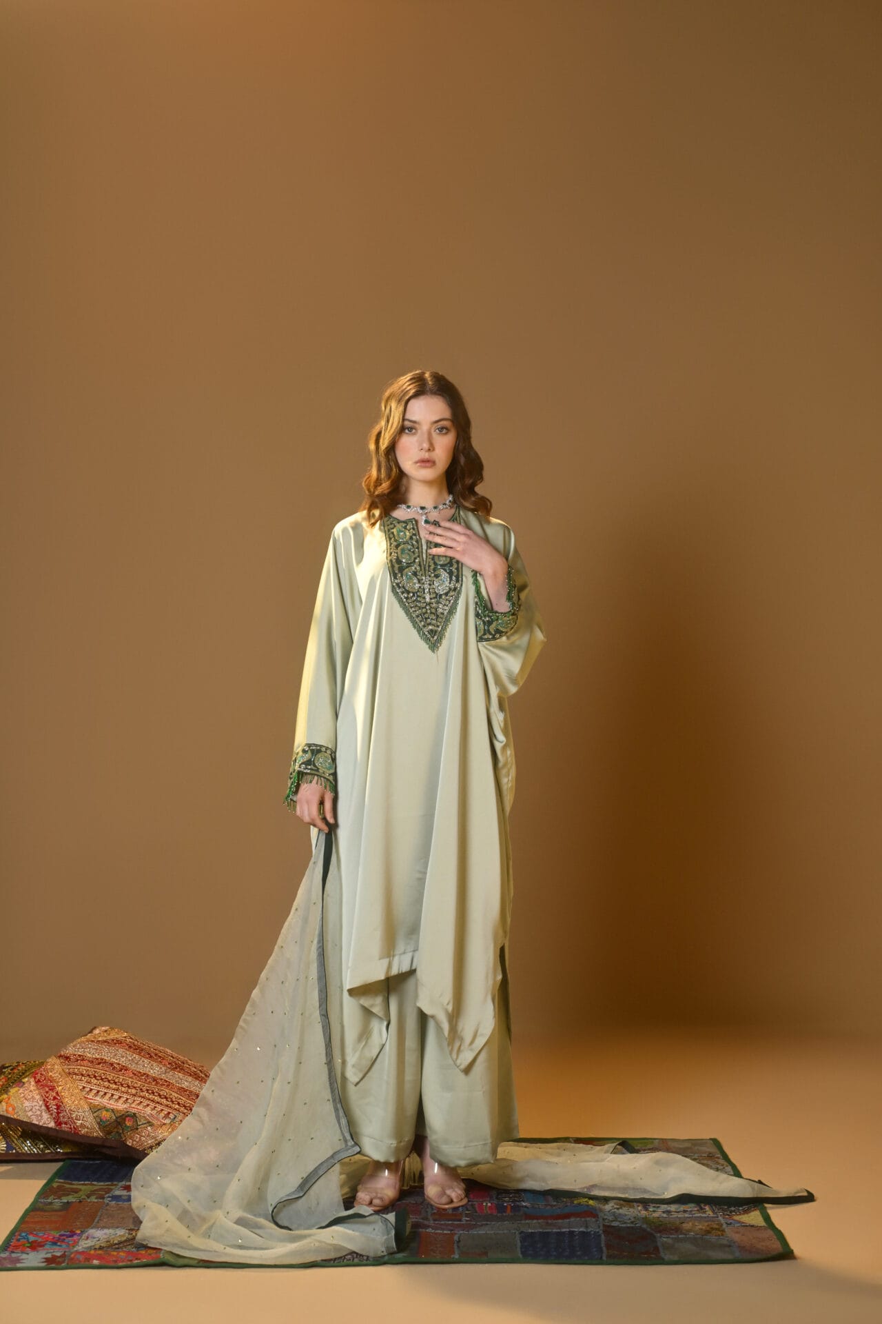 Sage Green Hand Embroidered Kaftaan Palazzo Organza Dupatta