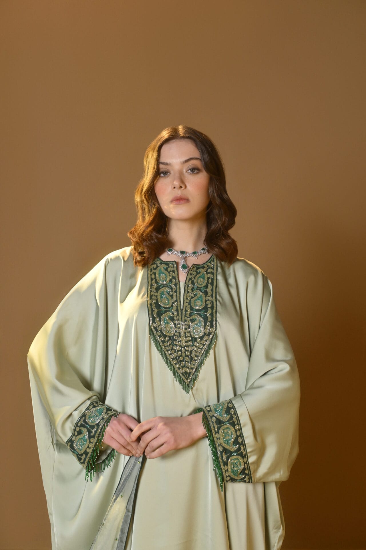 Sage Green Hand Embroidered Kaftaan Palazzo Organza Dupatta