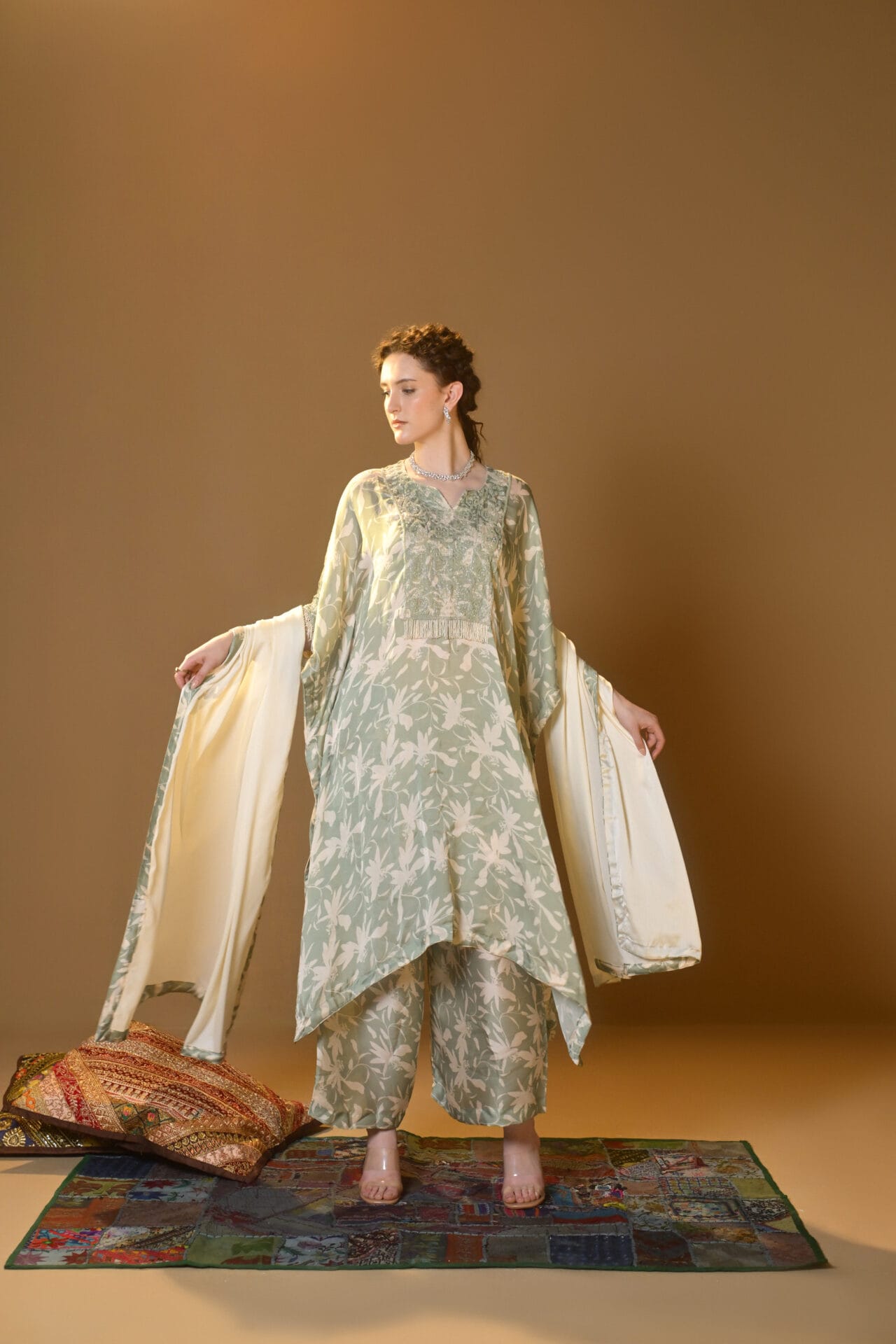 Sage Green Printed Hand Embroidered Kaftaan Palazzo Printed Dupatta