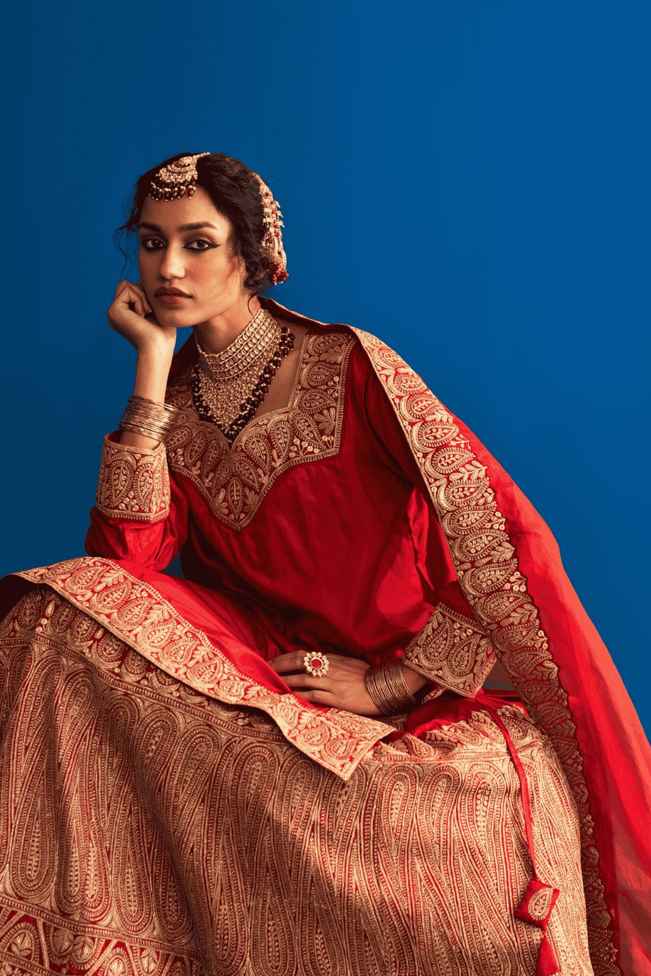 Maroon Tilla Embroidered Kurta Lehanga Organza Dupatta