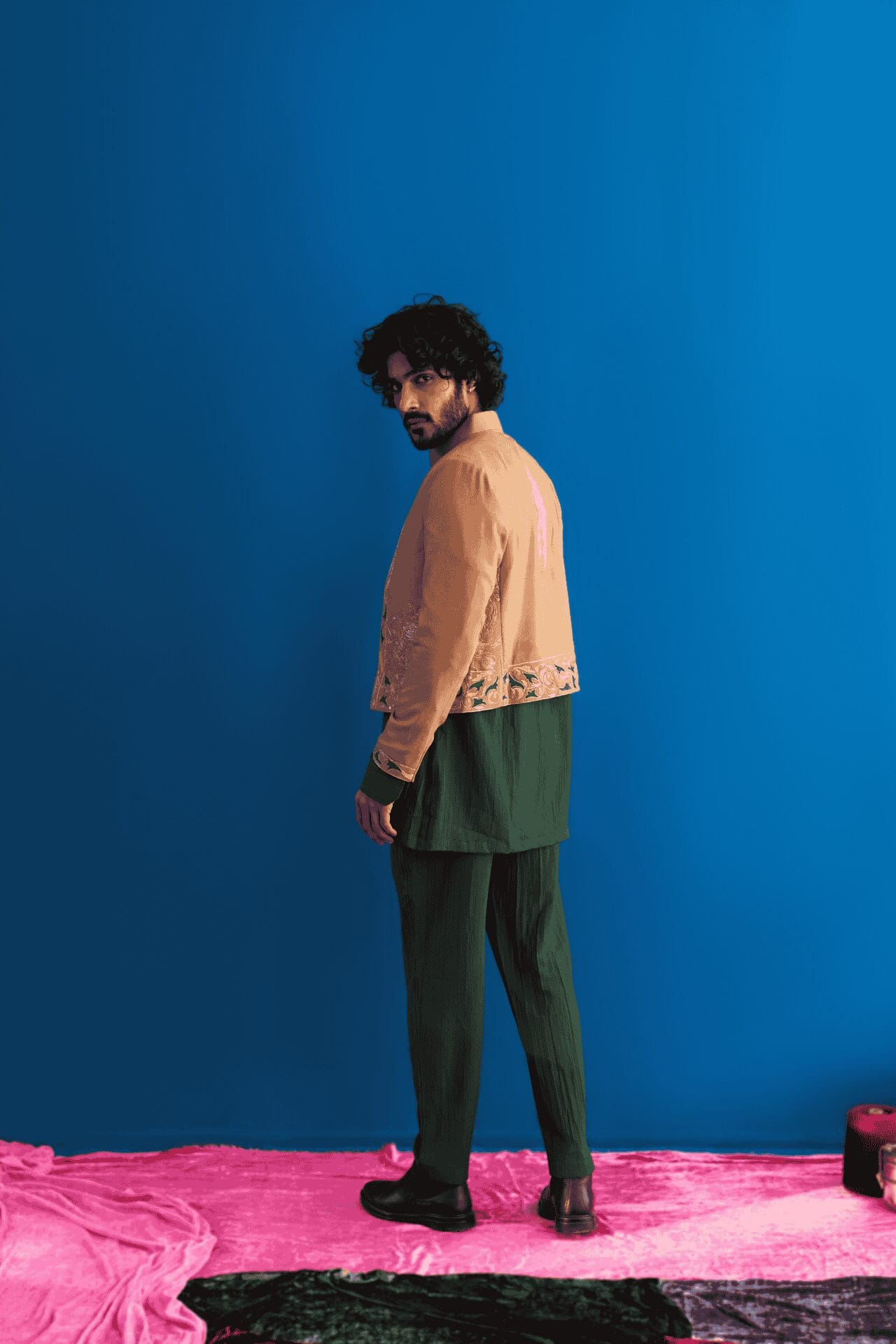 Green and Beige Kurta Pant With Jacket