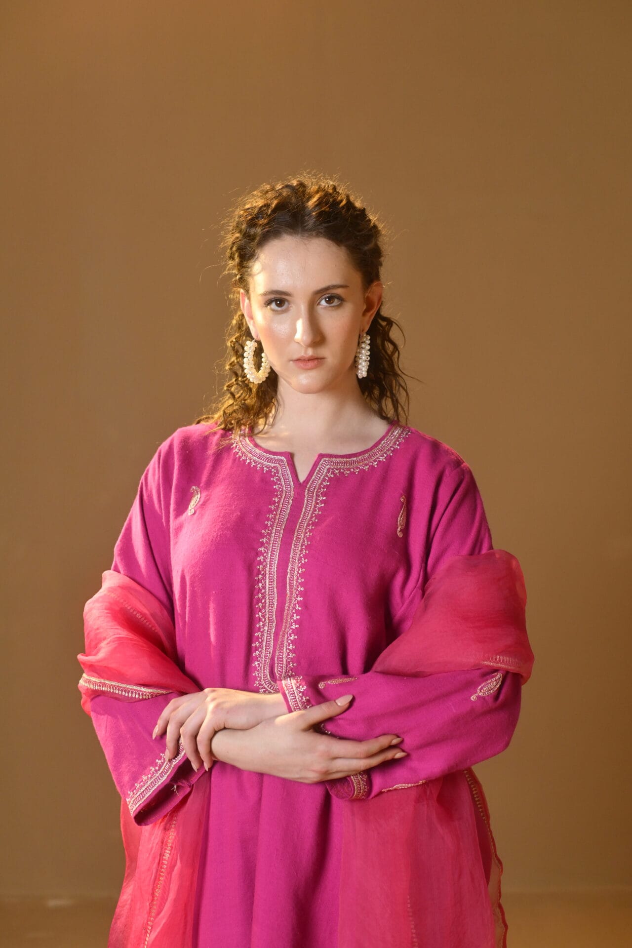 Hot Pink Hand Embroidered Pheran Salwar Organza Dupatta