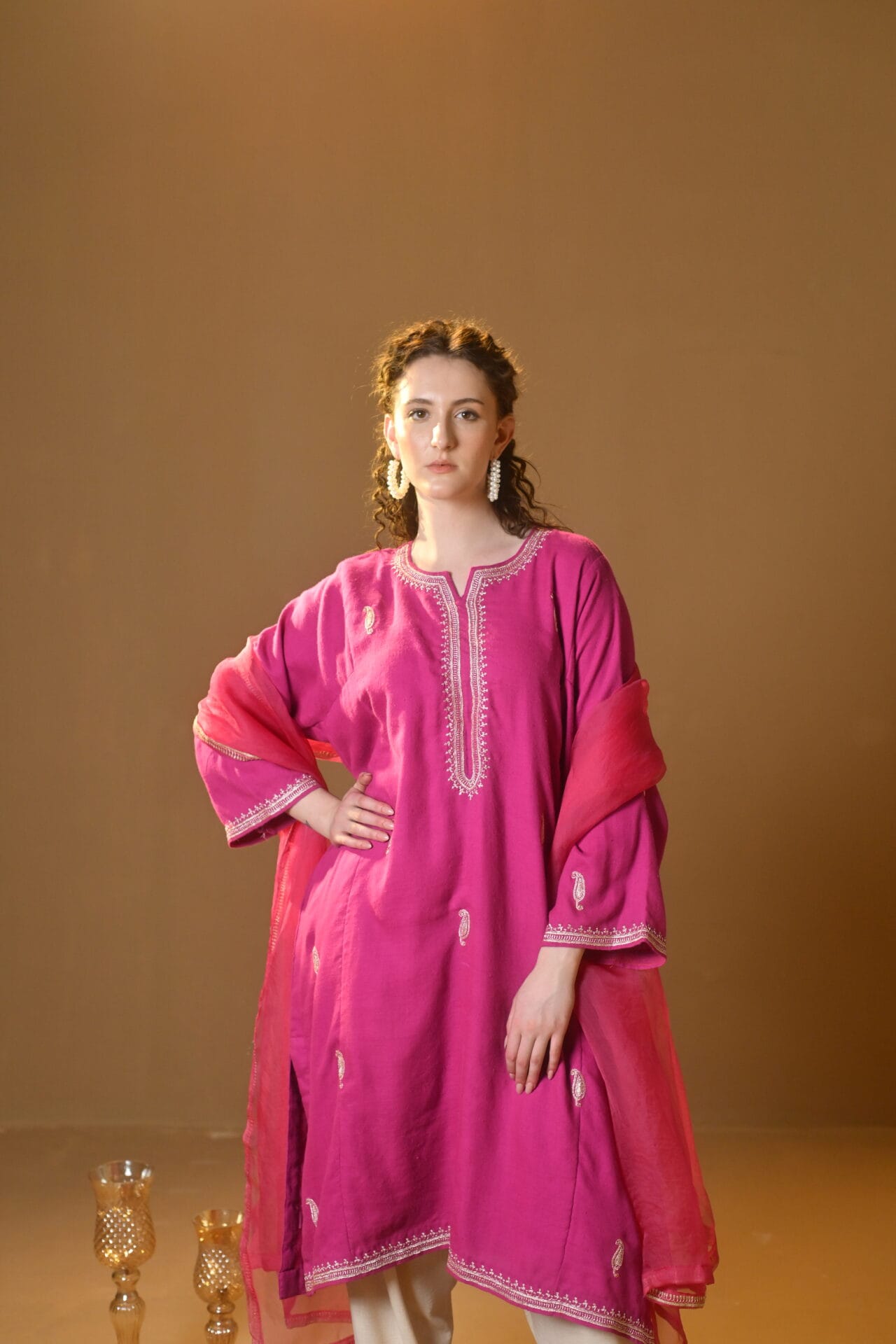 Hot Pink Hand Embroidered Pheran Salwar Organza Dupatta