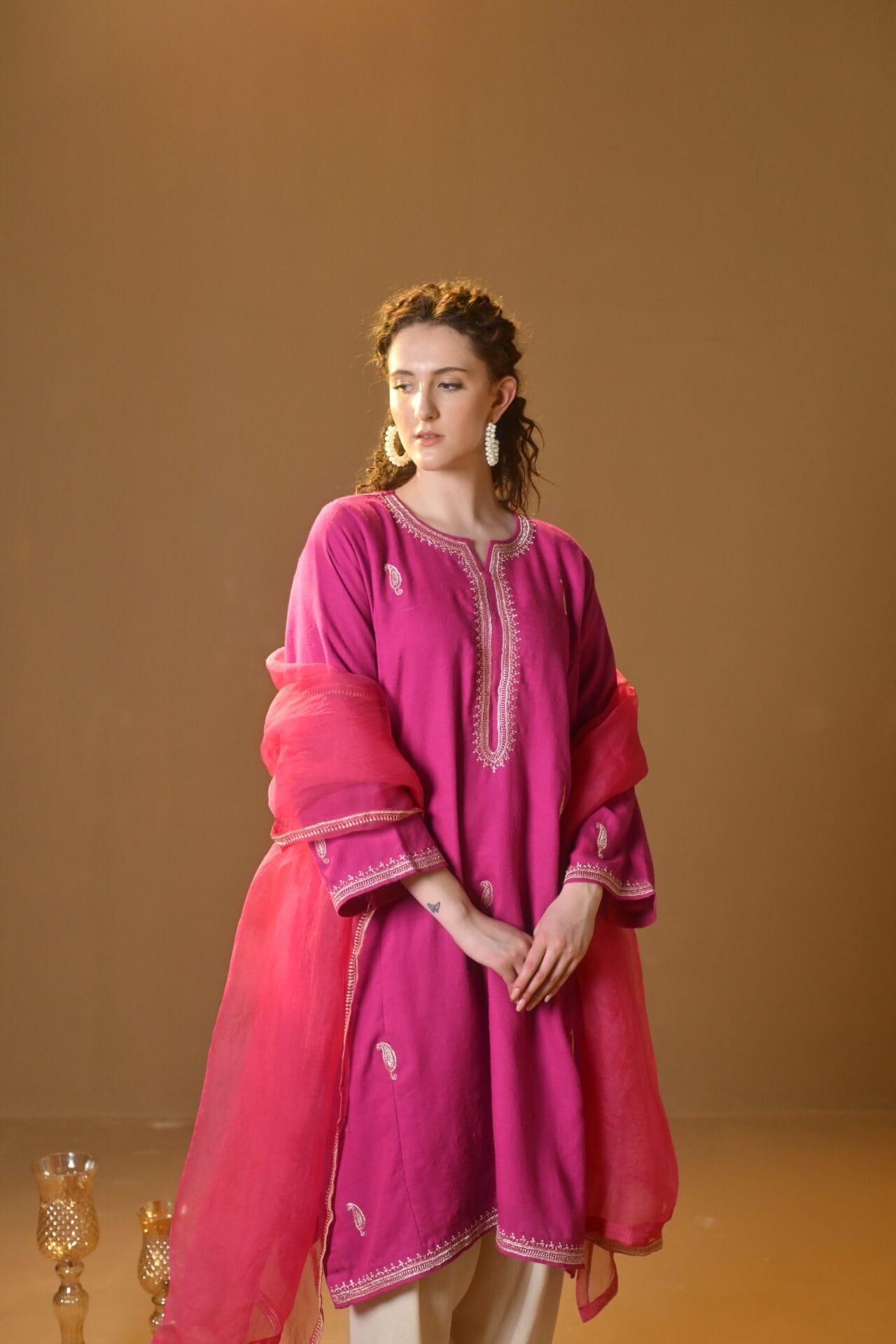 Hot Pink Hand Embroidered Pheran Salwar Organza Dupatta