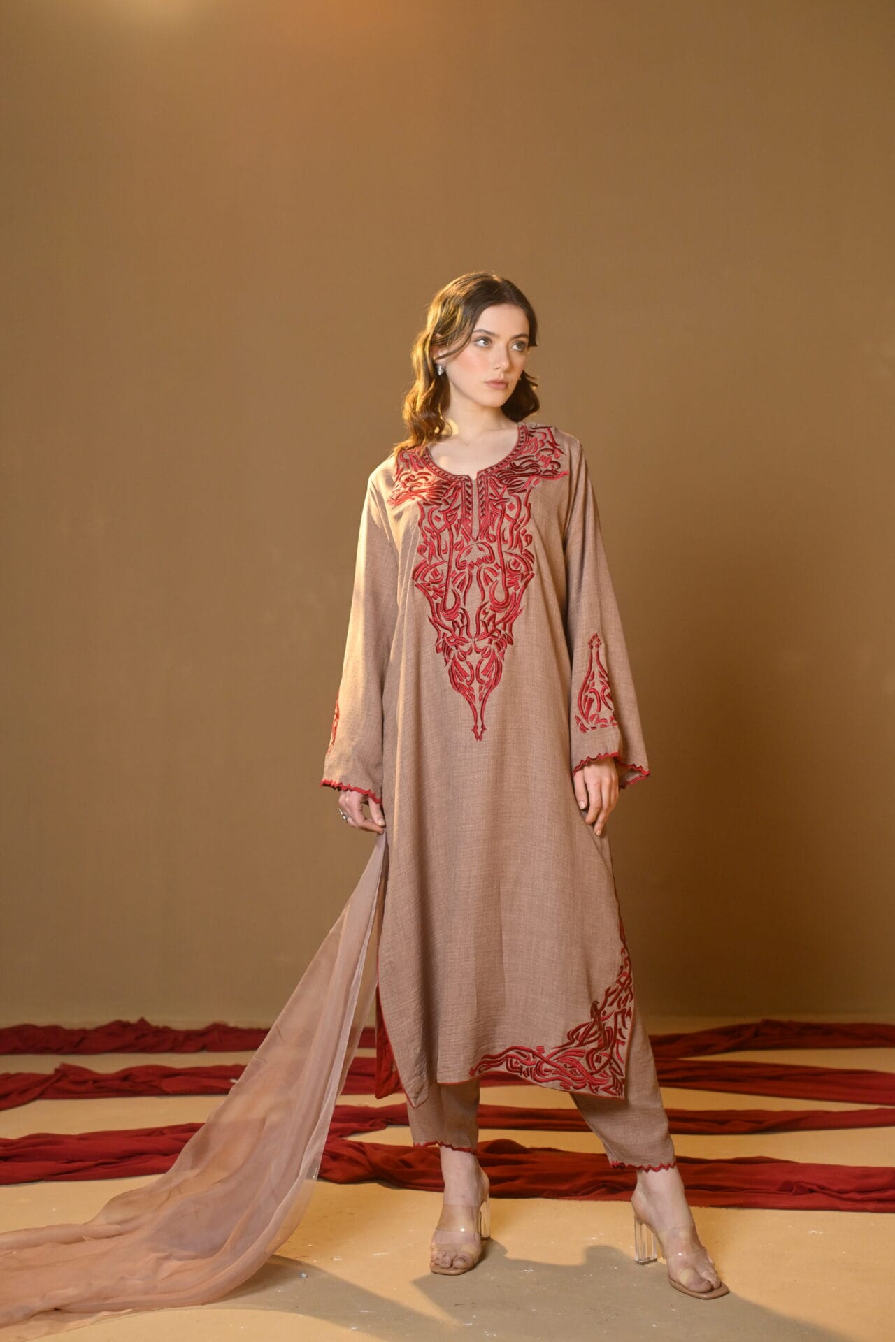 Beige Thread Embroidered Kurta Pant Organza Dupatta
