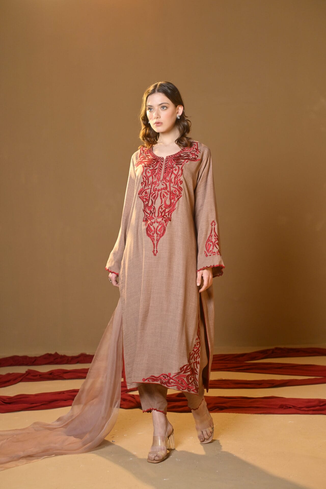Beige Thread Embroidered Kurta Pant Organza Dupatta