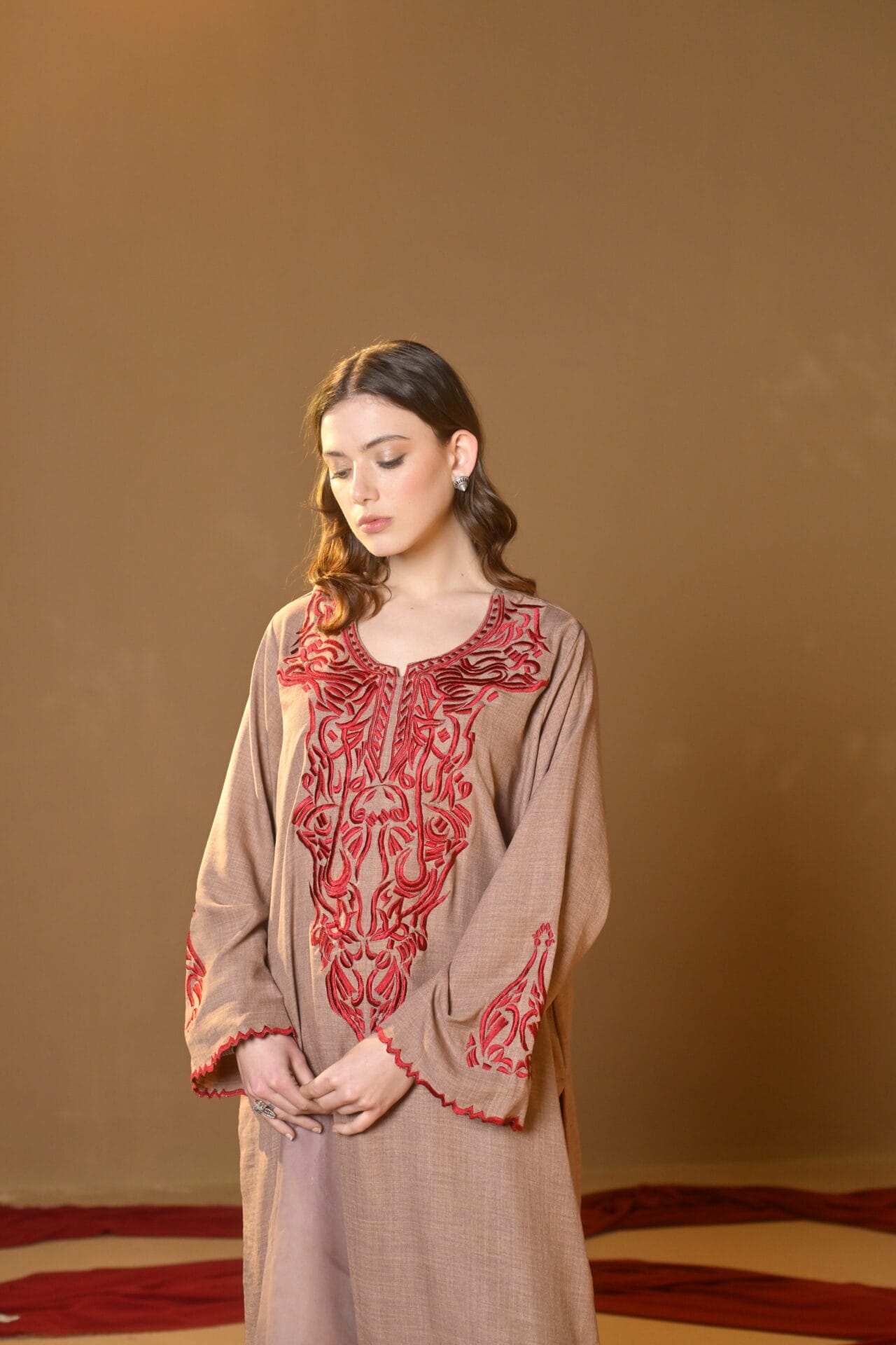 Beige Thread Embroidered Kurta Pant Organza Dupatta