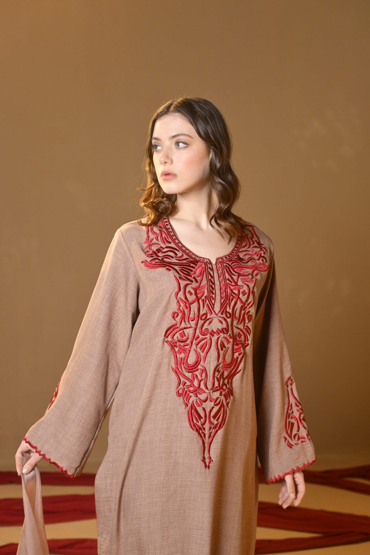 Beige Thread Embroidered Kurta Pant Organza Dupatta