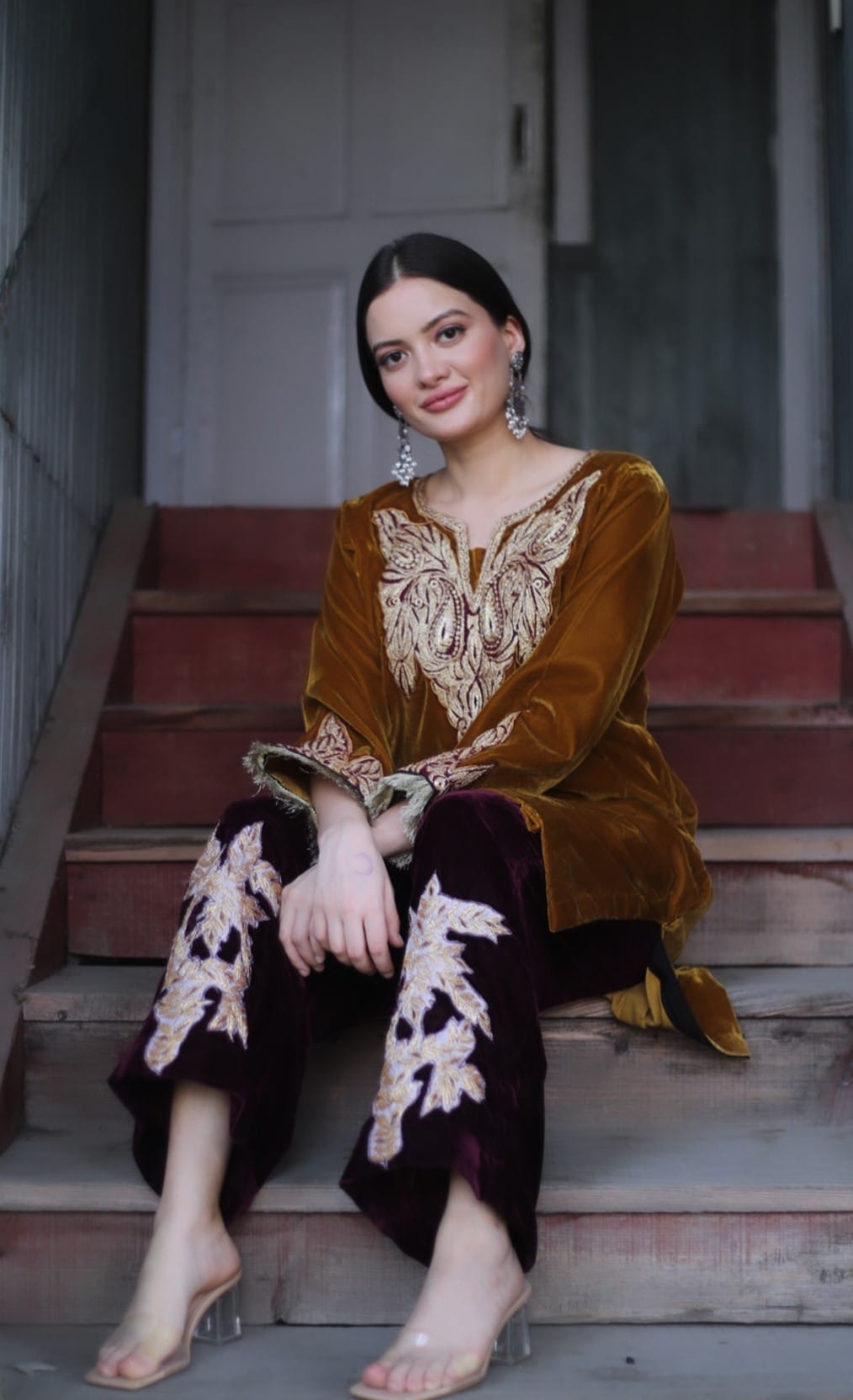 Vidhushree Arya in Brown Tilla Embroidred Pheran Pants