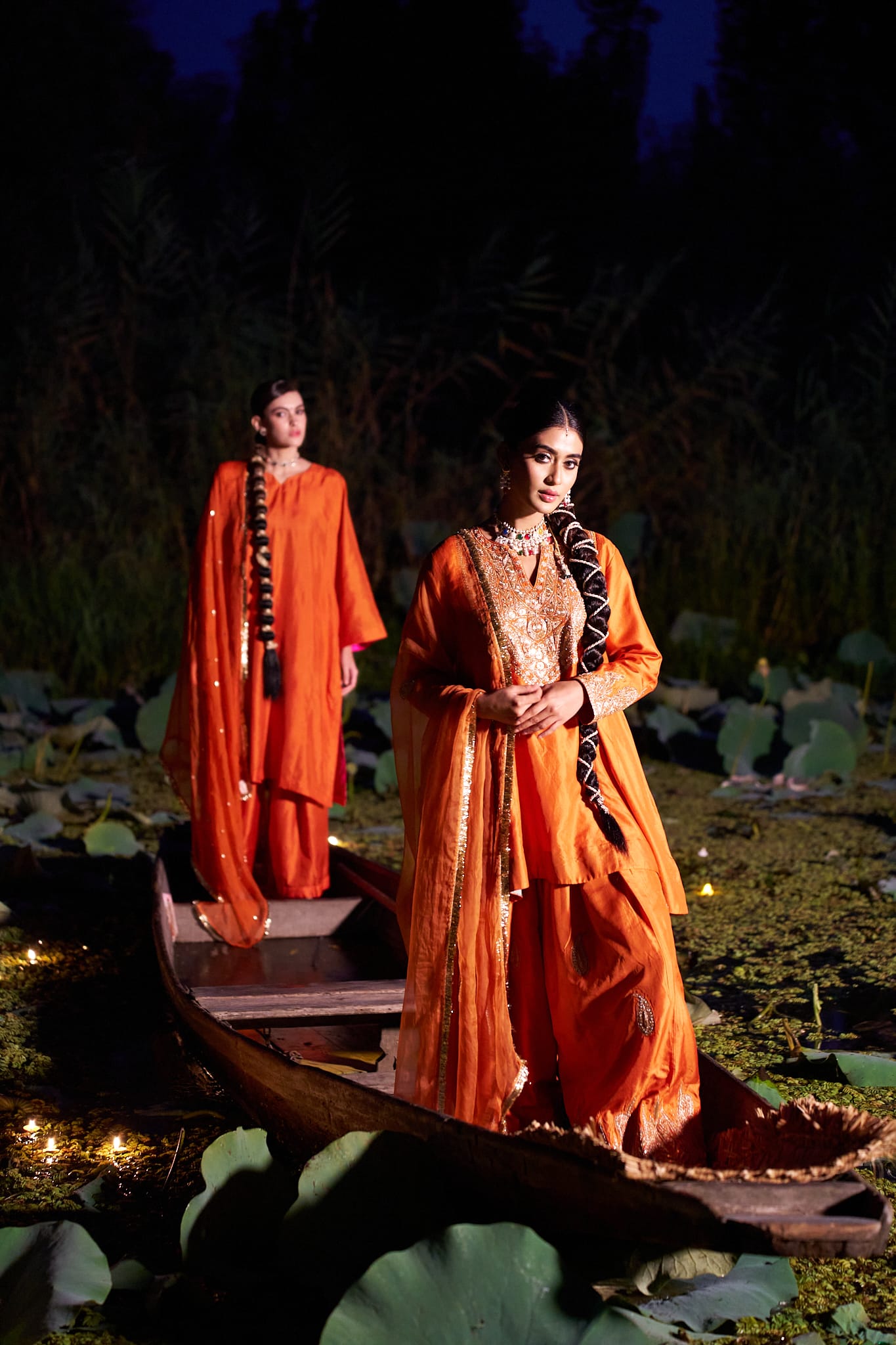 Rust Tilla Embroidered Round Kameez Farshi Salwar Tissue Dupatta