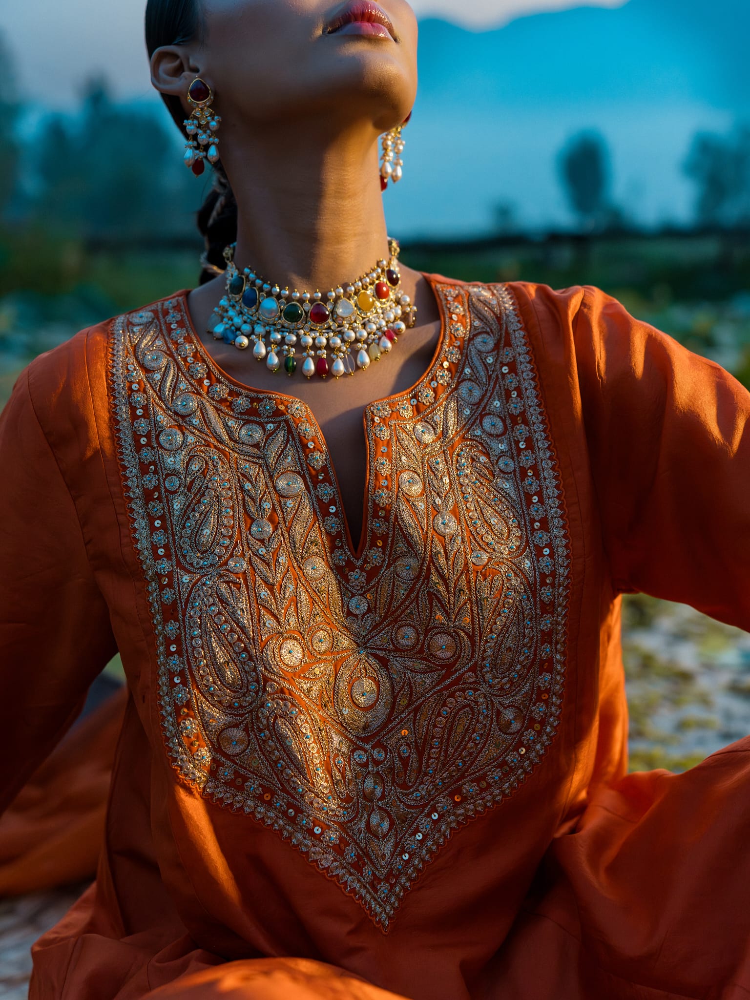 Rust Tilla Embroidered Round Kameez Farshi Salwar Tissue Dupatta